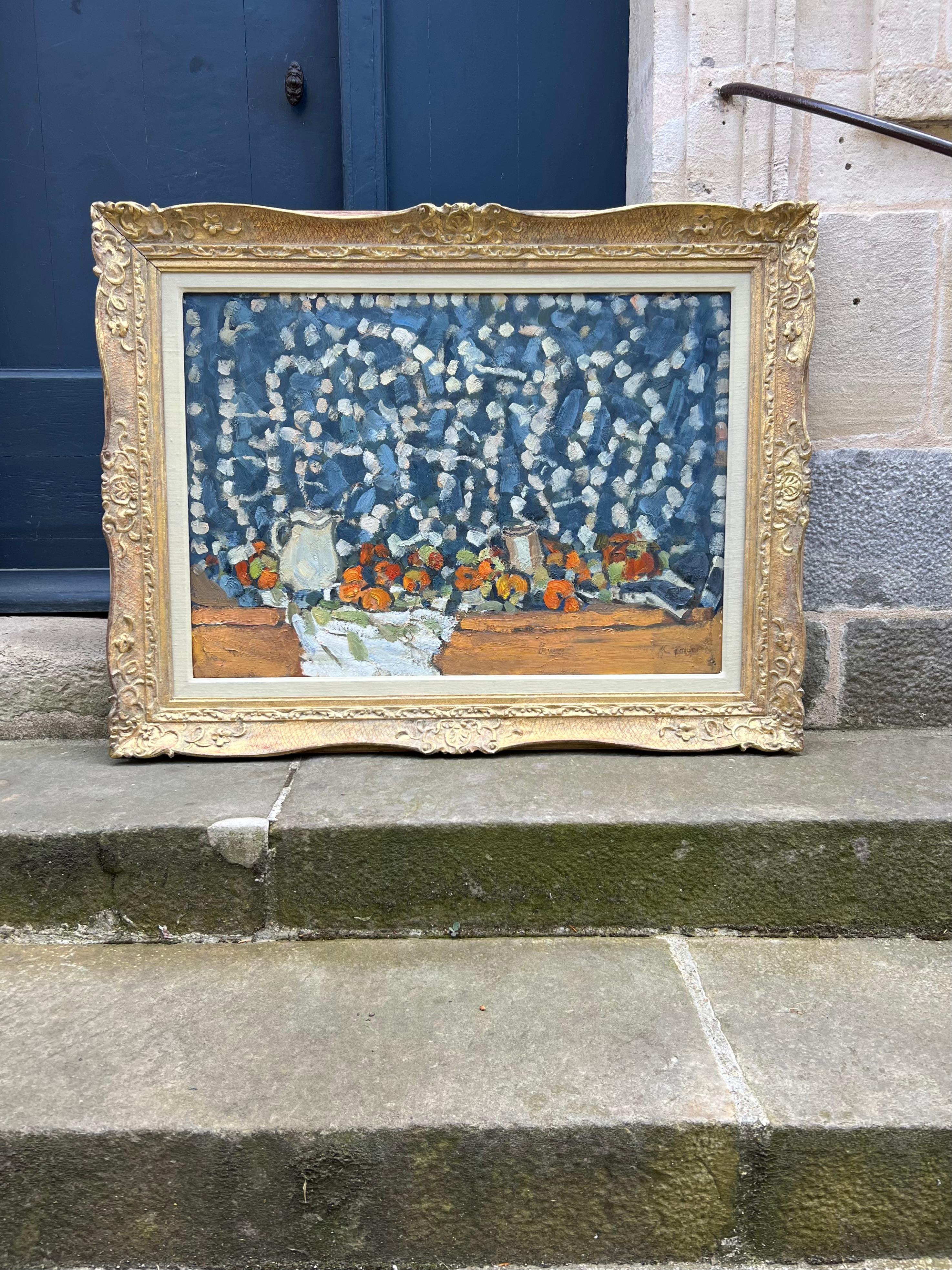 Stilleben mit blauem und weißem Stoff - Original Ölgemälde - 25.6 x 36.2 in im Angebot 7