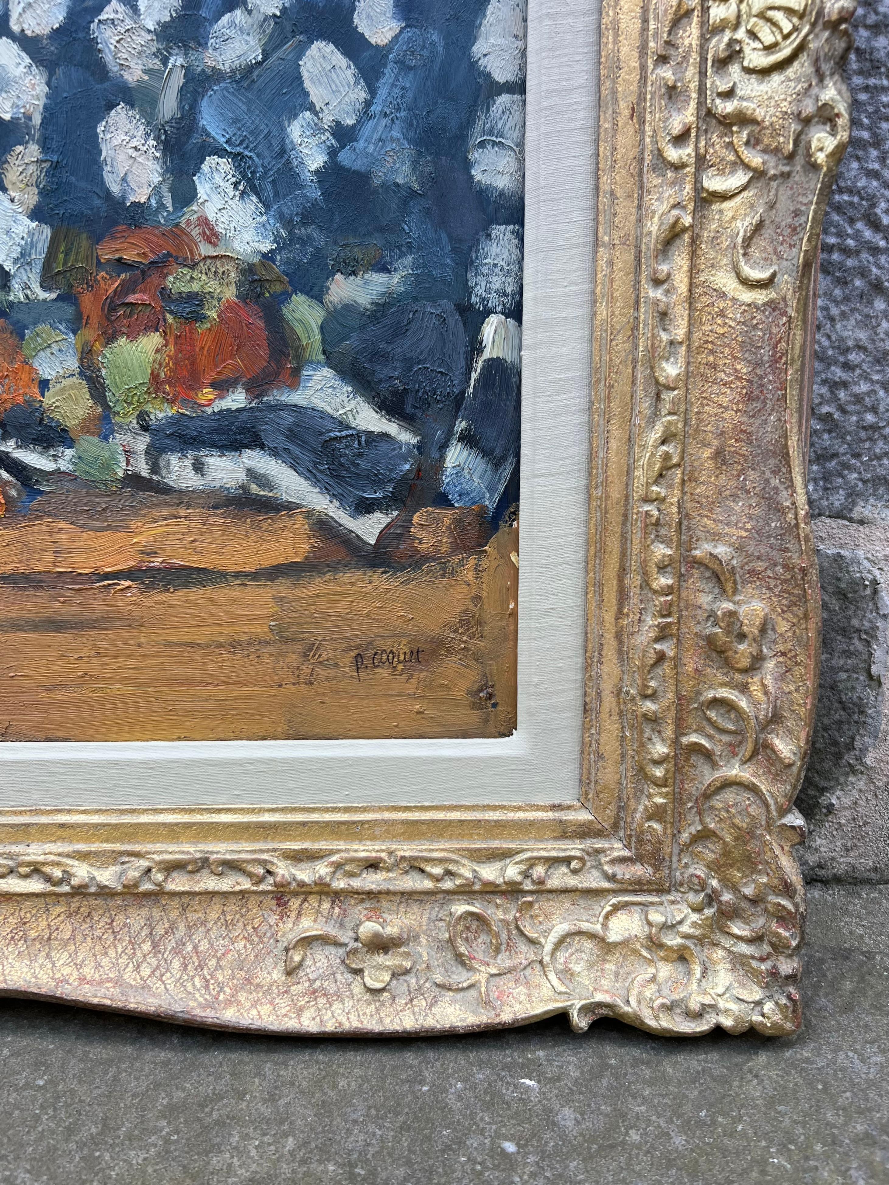 Stilleben mit blauem und weißem Stoff - Original Ölgemälde - 25.6 x 36.2 in im Angebot 3