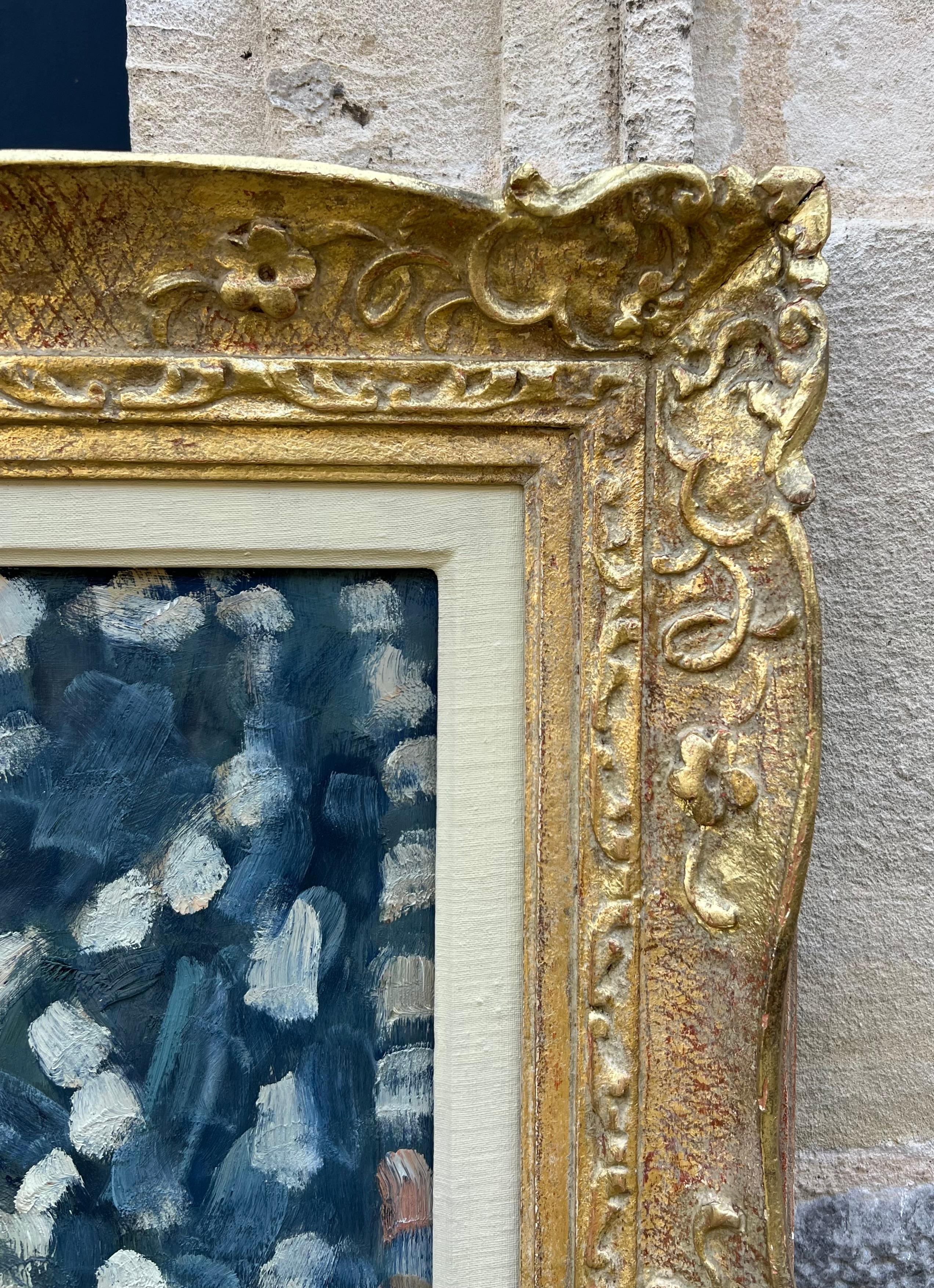 Stilleben mit blauem und weißem Stoff - Original Ölgemälde - 25.6 x 36.2 in im Angebot 4