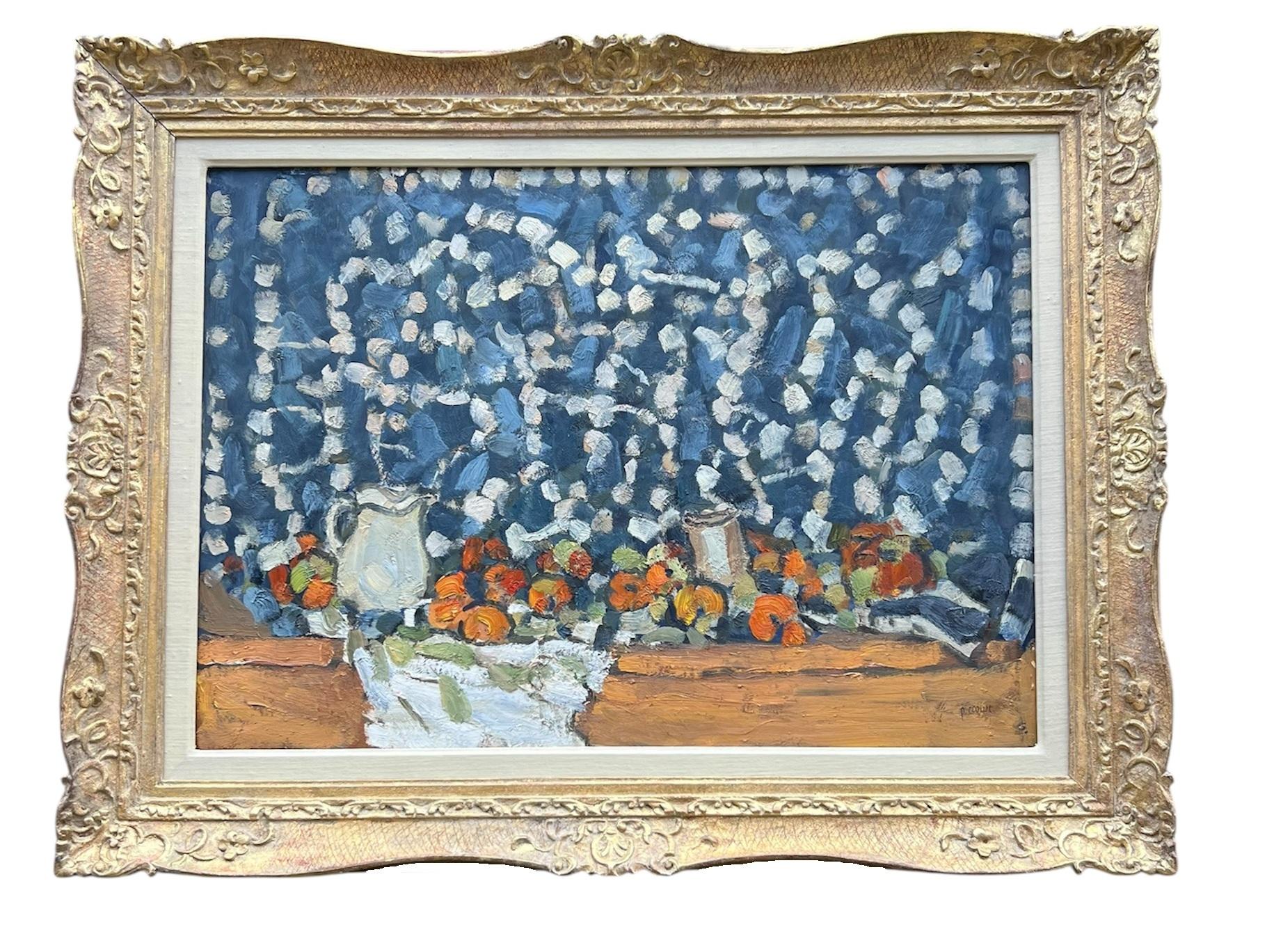 Pierre Coquet Still-Life Painting – Stilleben mit blauem und weißem Stoff - Original Ölgemälde - 25.6 x 36.2 in