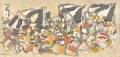 Parasols gris sur la plage de Cannes, peinture à l'huile de Pierre Coquet
