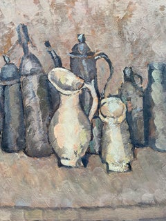Nature morte avec pichets gris, peinture à l'huile sur carton de Pierre Coquet