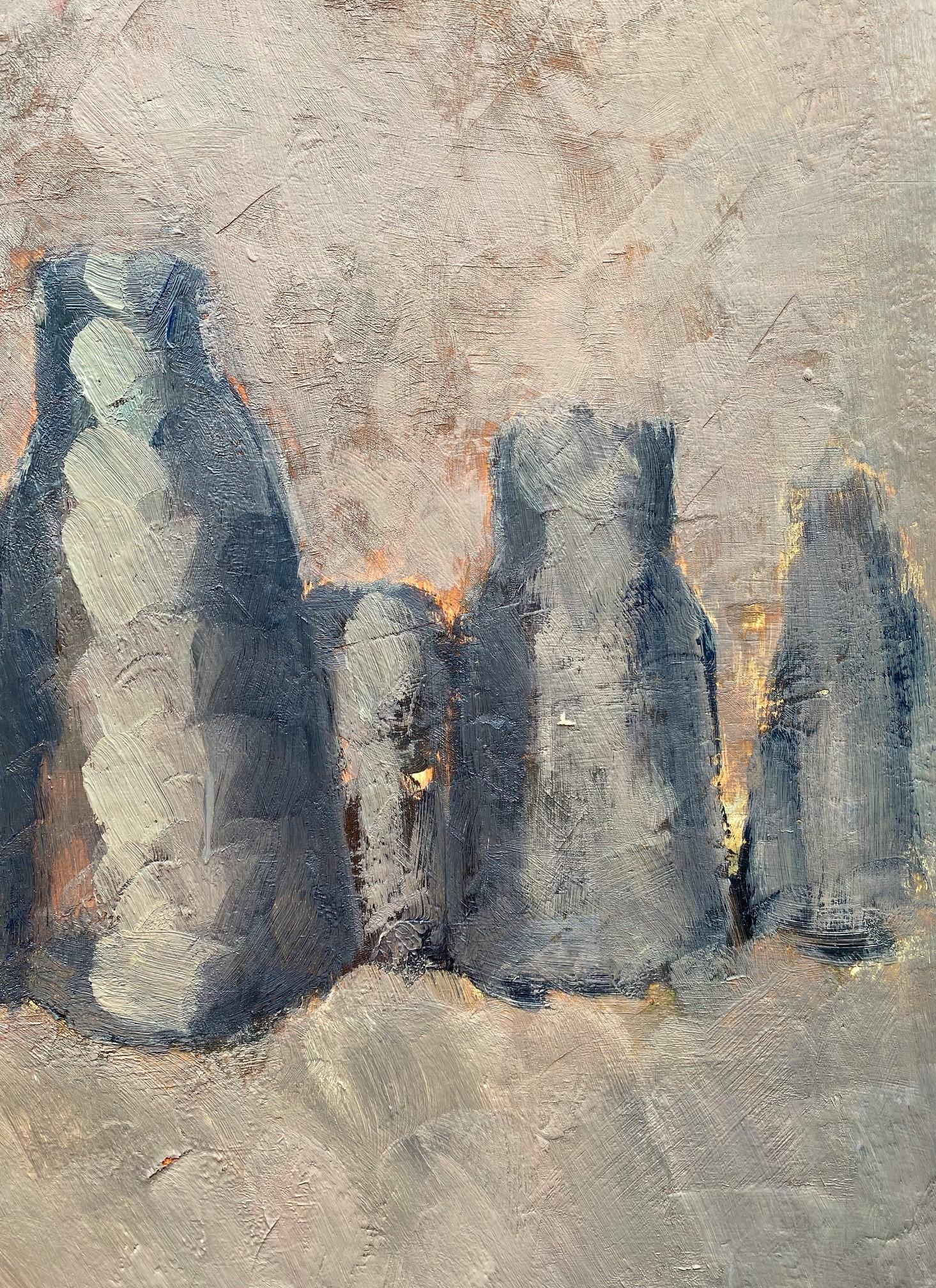 Still life with grey pitchers, oil painting on board by Pierre Coquet For Sale 1