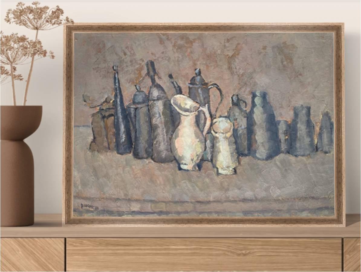 Still life with grey pitchers, oil painting on board by Pierre Coquet For Sale 6