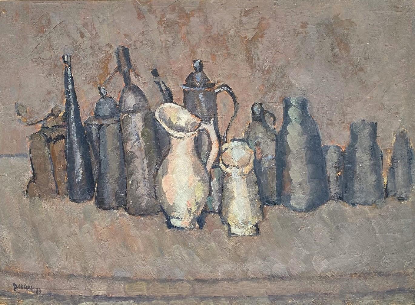 Still life with grey pitchers, oil painting on board by Pierre Coquet