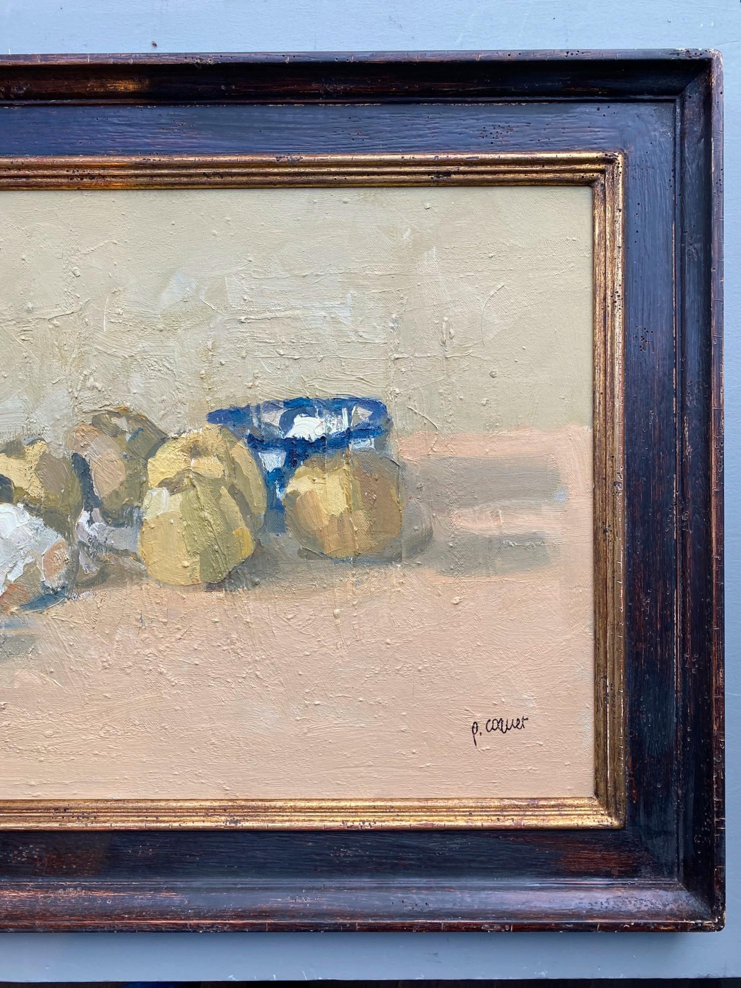 Nature morte à la coupelle bleue/Still life with a blue cup - French School Painting by Pierre Coquet