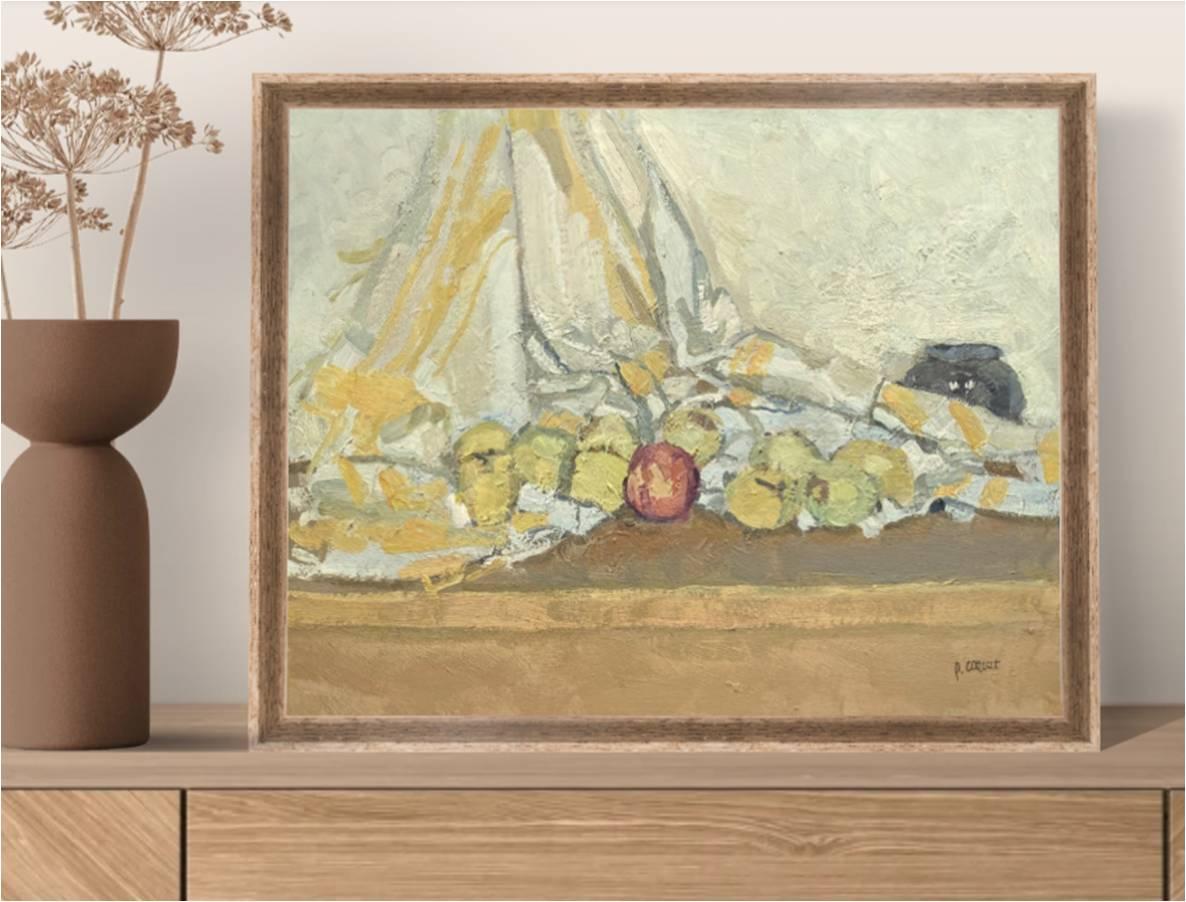 Still life with a yellow tablecloth, oil painting by Pierre Coquet For Sale 8