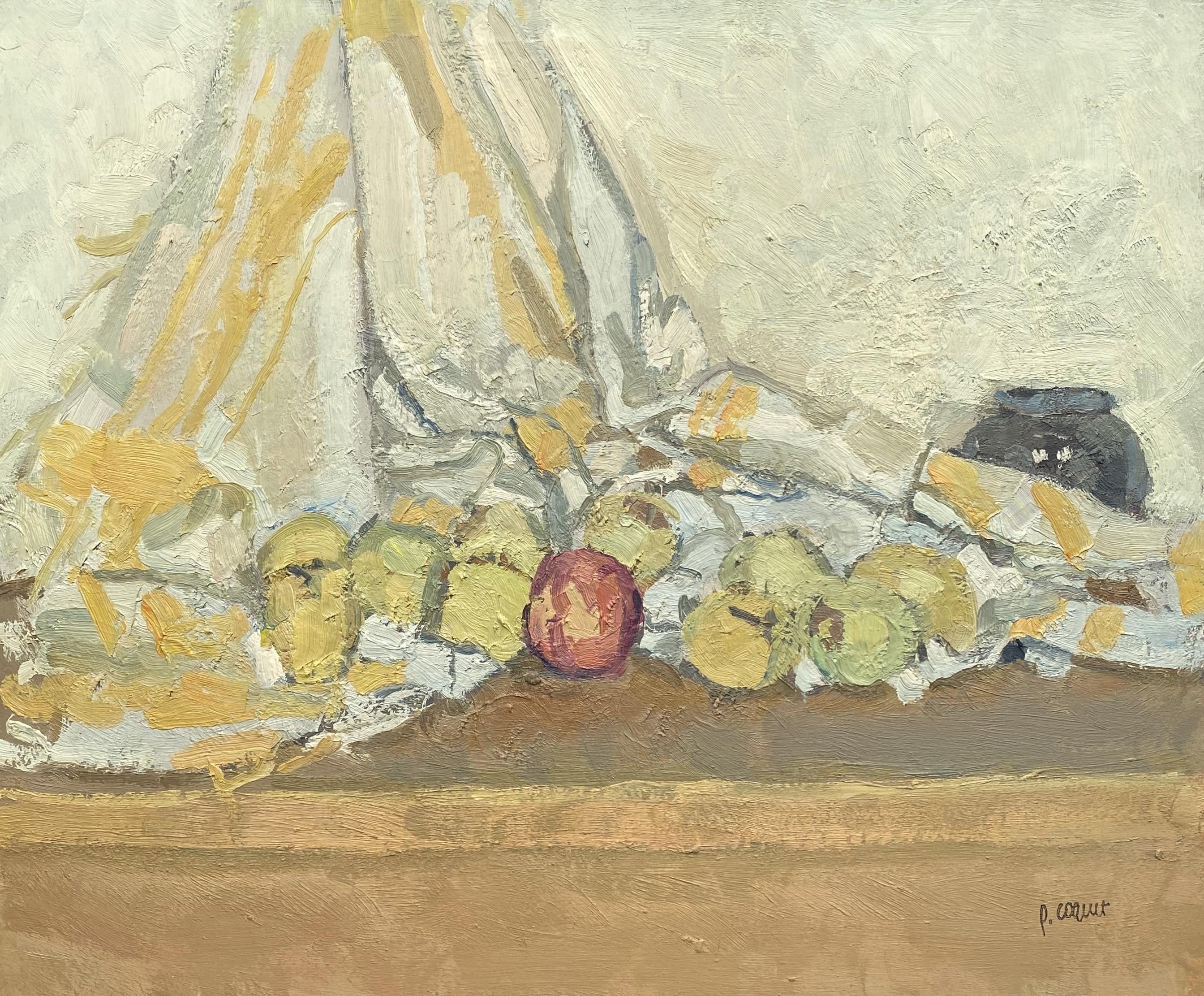 Still life with a yellow tablecloth, oil painting by Pierre Coquet