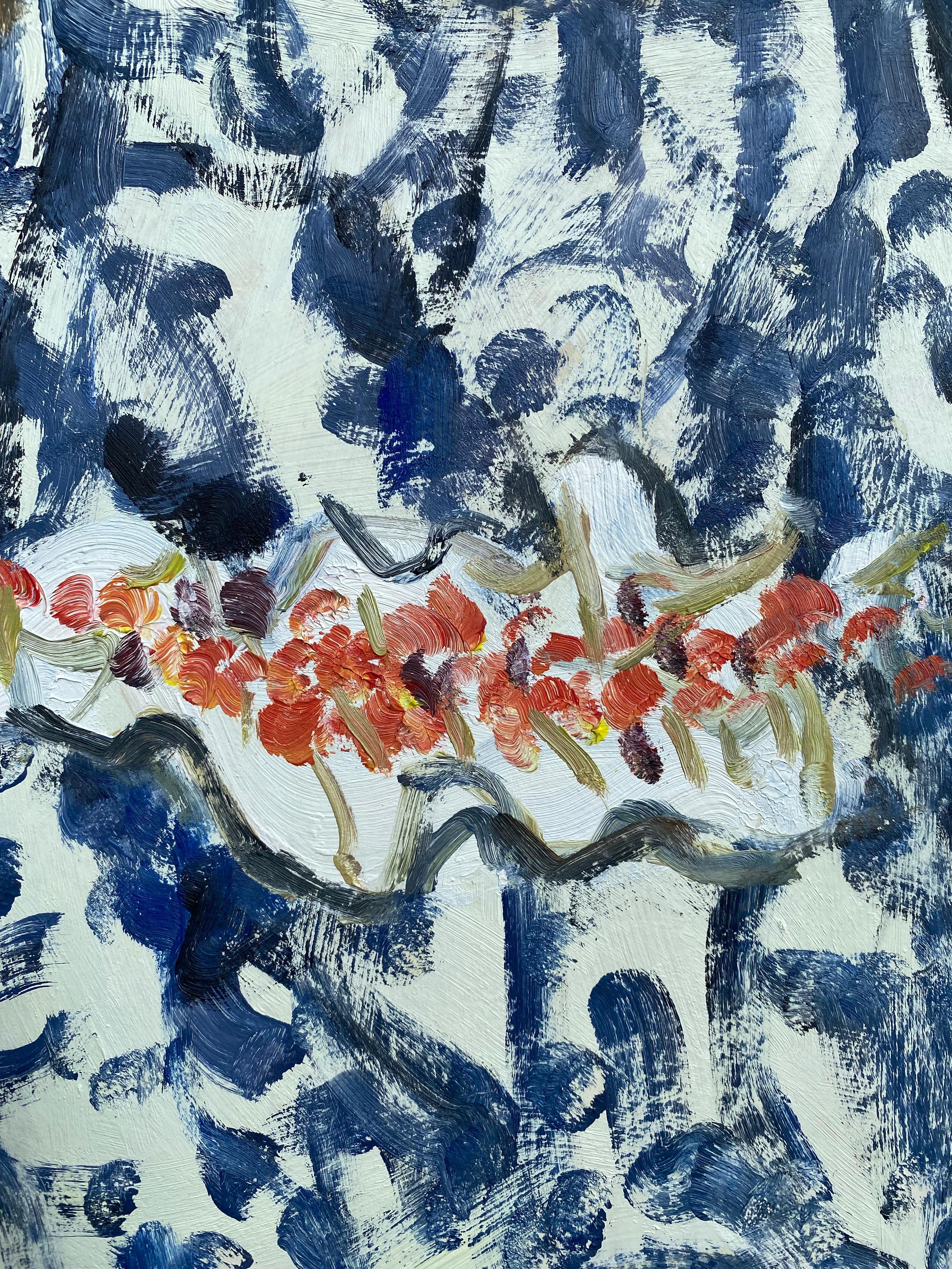 L'étole aux cerises/Blue stole with cherries - Gray Figurative Painting by Pierre Coquet