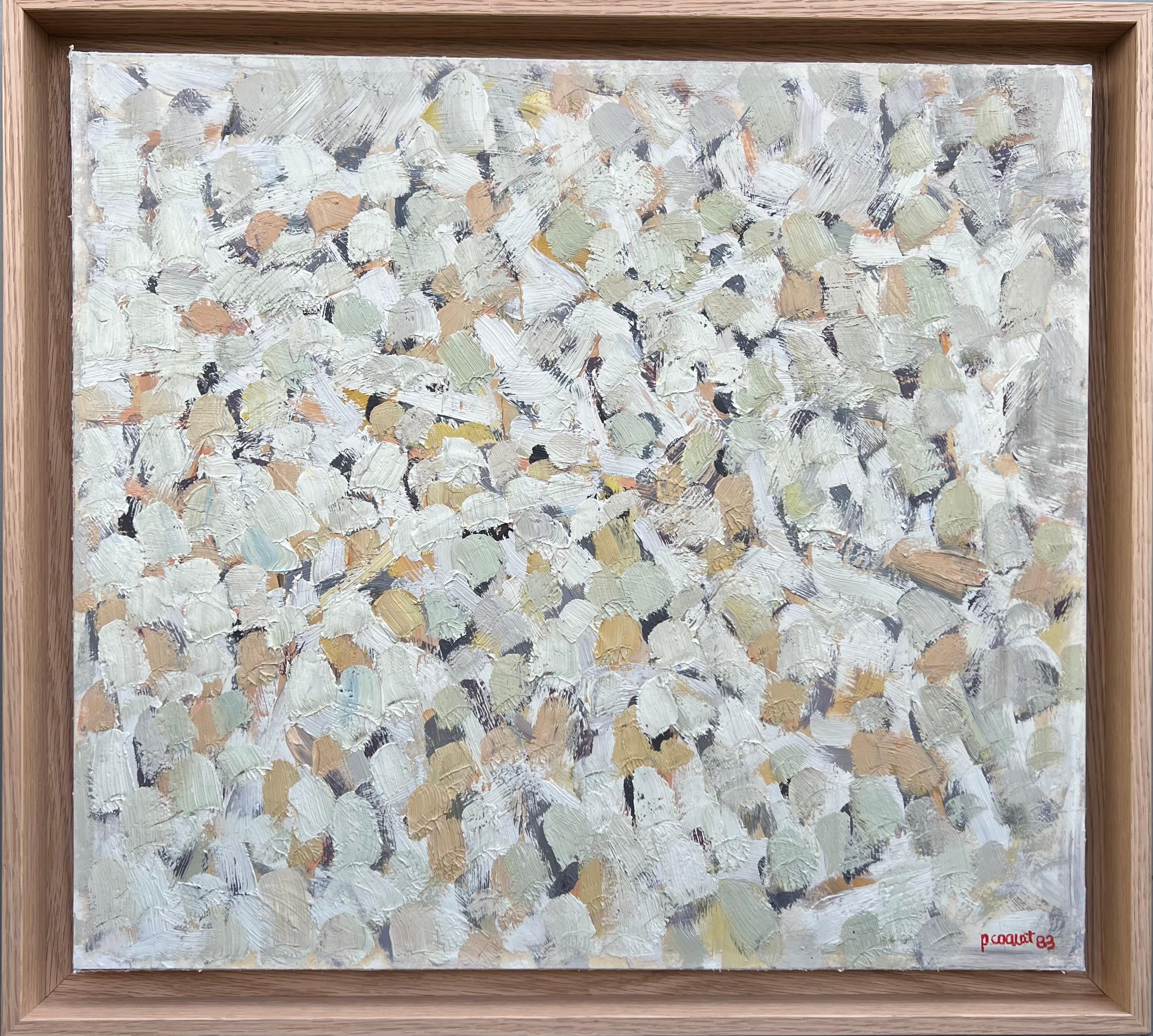 Pierre Coquet - Abstract Composition in white shades
Reference number A202
Framed with a natural oak floated frame
40 x 45 cm (45 x 50 cm frame included)
This work is painted with oil on a board.  It is signed  and dated 83 in the bottom