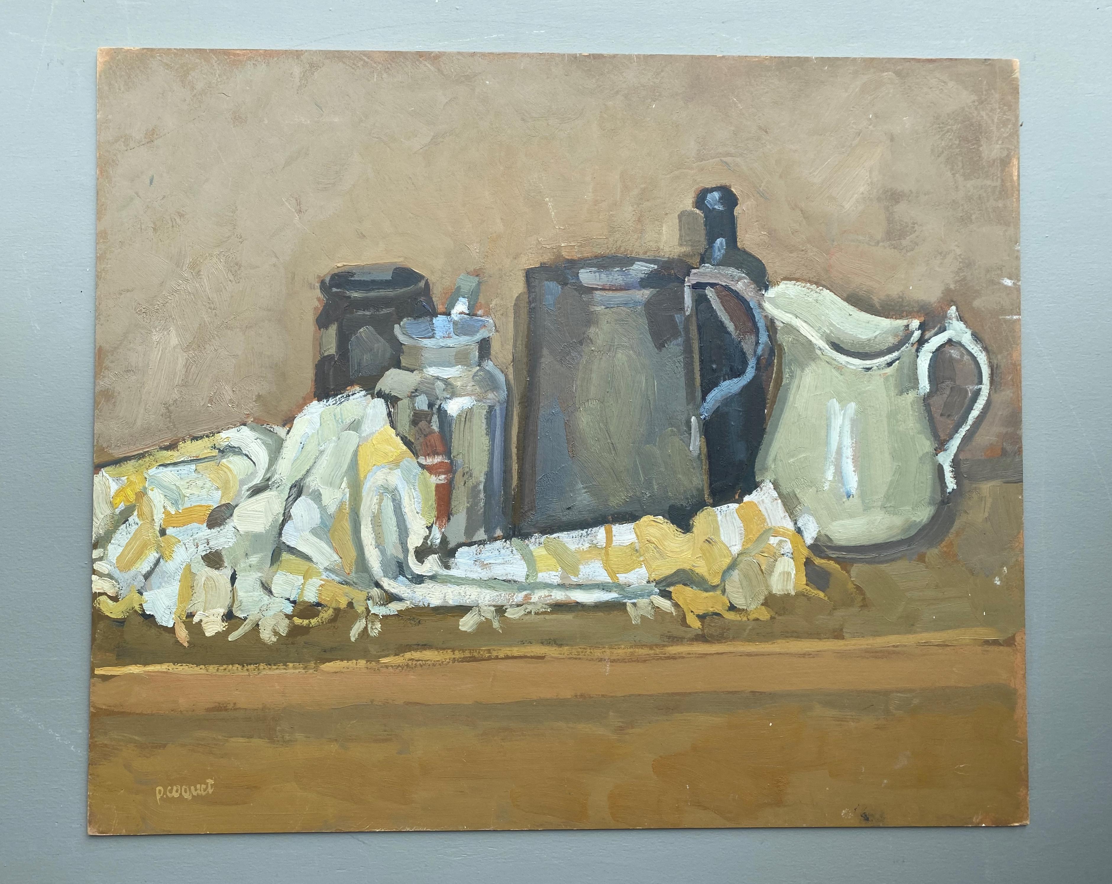 Bodegón con paño blanco y amarillo, óleo de Pierre Coquet en venta 1