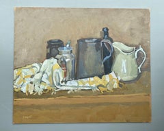 Still life with a white and yellow cloth, oil painting by Pierre Coquet