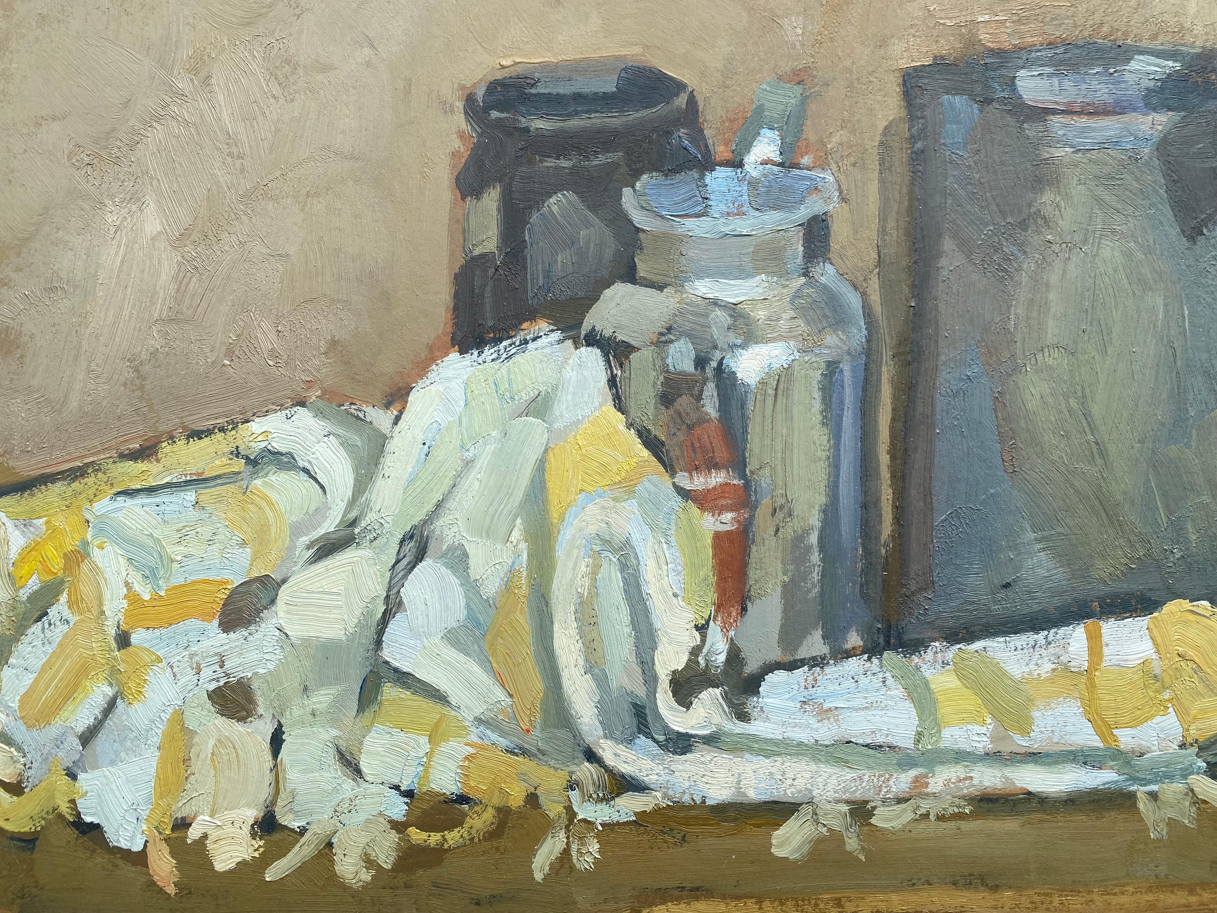Pierre Coquet (1926-2021)
Sitll life with a white and yellow cloth
Reference number F283
50 x 60 cm 
Still lives are one of Pierre favourite subjects. Always in a very quiet atmosphere, with simple objects or alive nature. 
This work is painted with