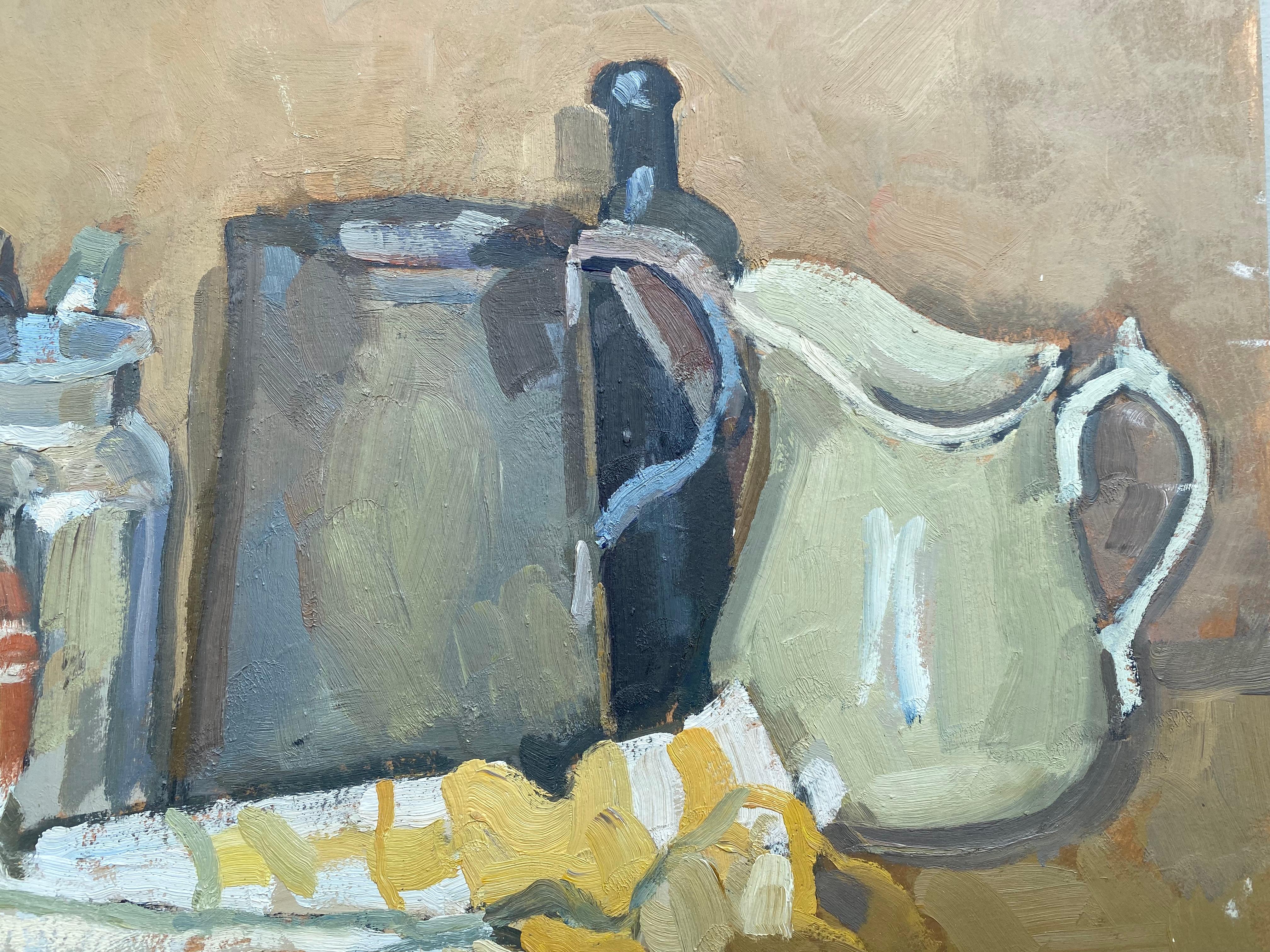 Still life with a white and yellow cloth, oil painting by Pierre Coquet For Sale 1