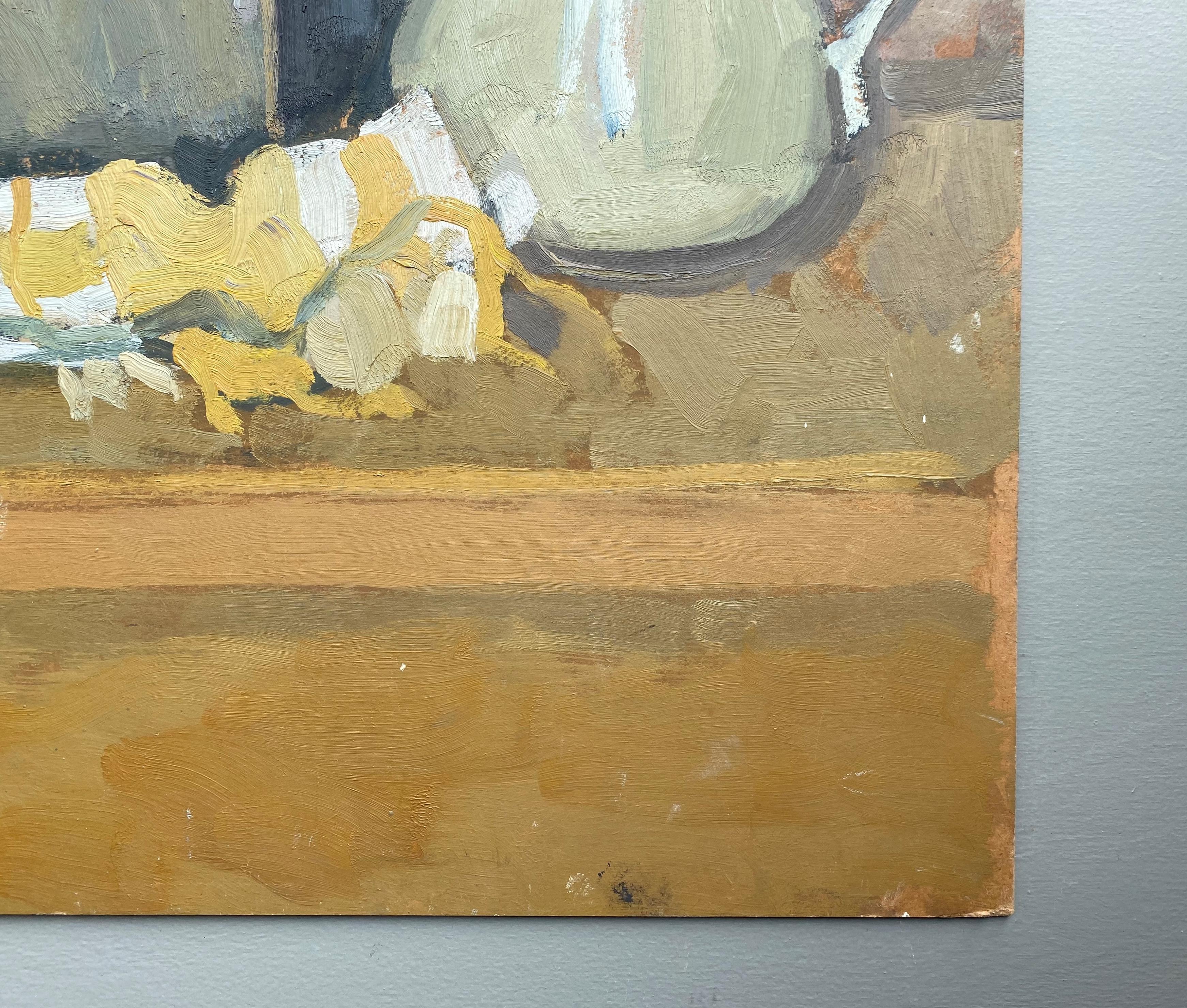 Still life with a white and yellow cloth, oil painting by Pierre Coquet For Sale 5