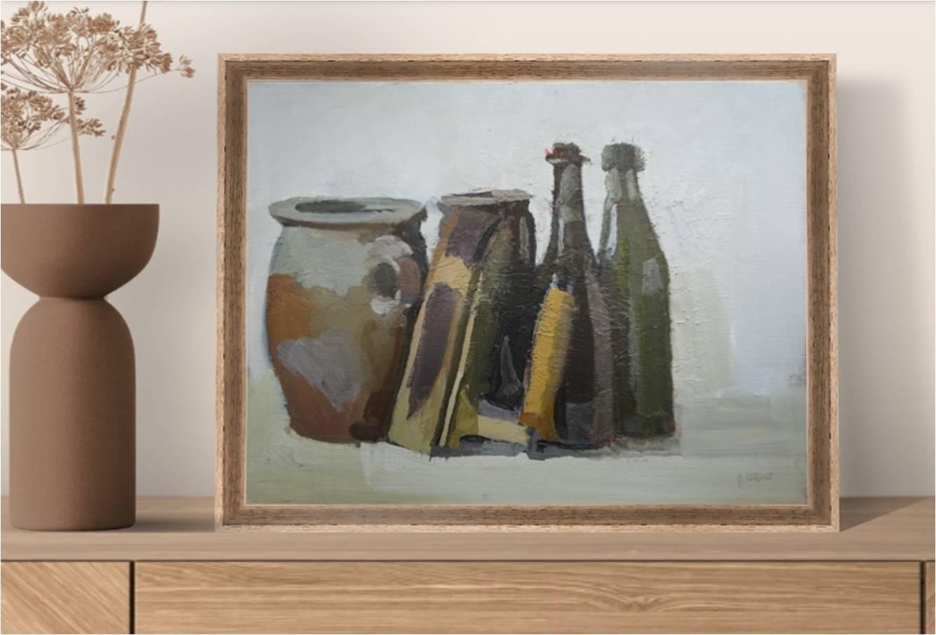 Still life with bottles and an old iron, oil painting in canvas by Pierre Coquet For Sale 9