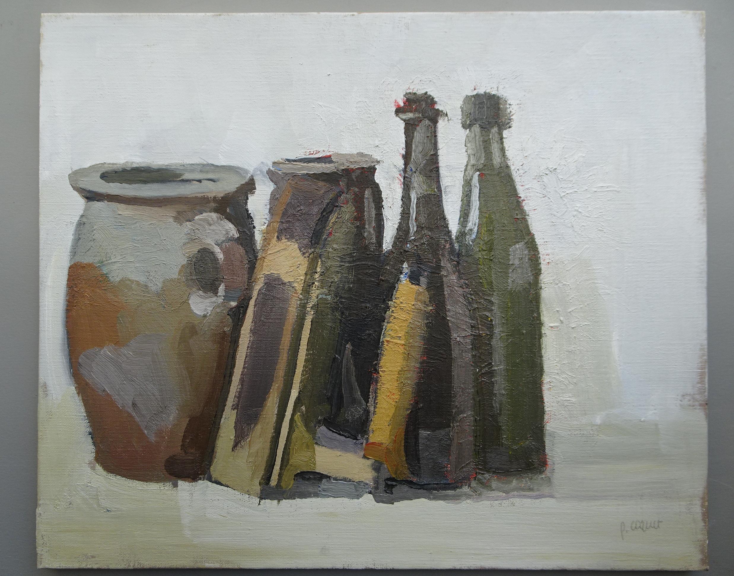 Stillleben mit Flaschen und einem alten Eisen, Ölgemälde auf Leinwand von Pierre Coquet im Angebot 1
