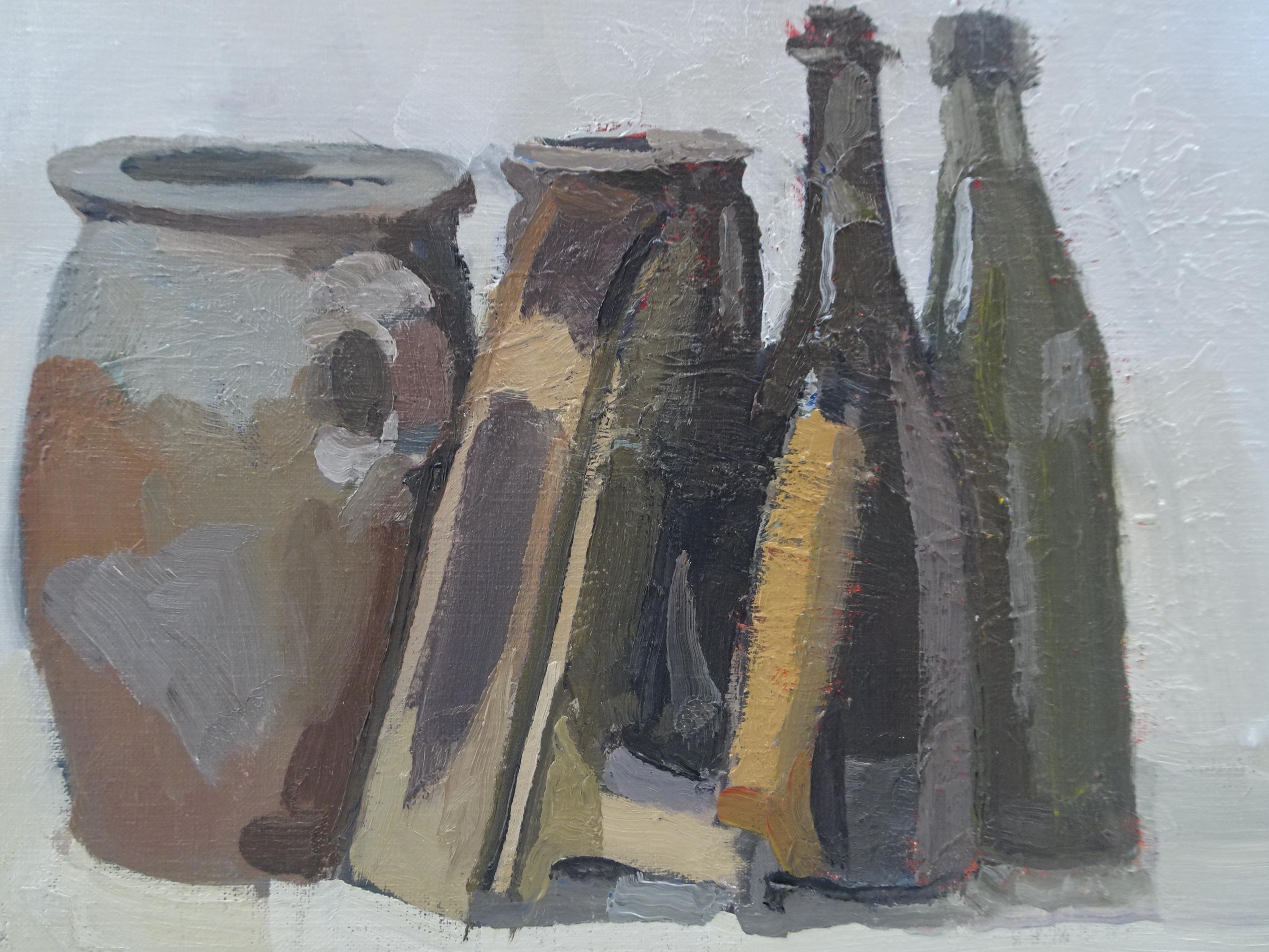 Stillleben mit Flaschen und einem alten Eisen, Ölgemälde auf Leinwand von Pierre Coquet im Angebot 2