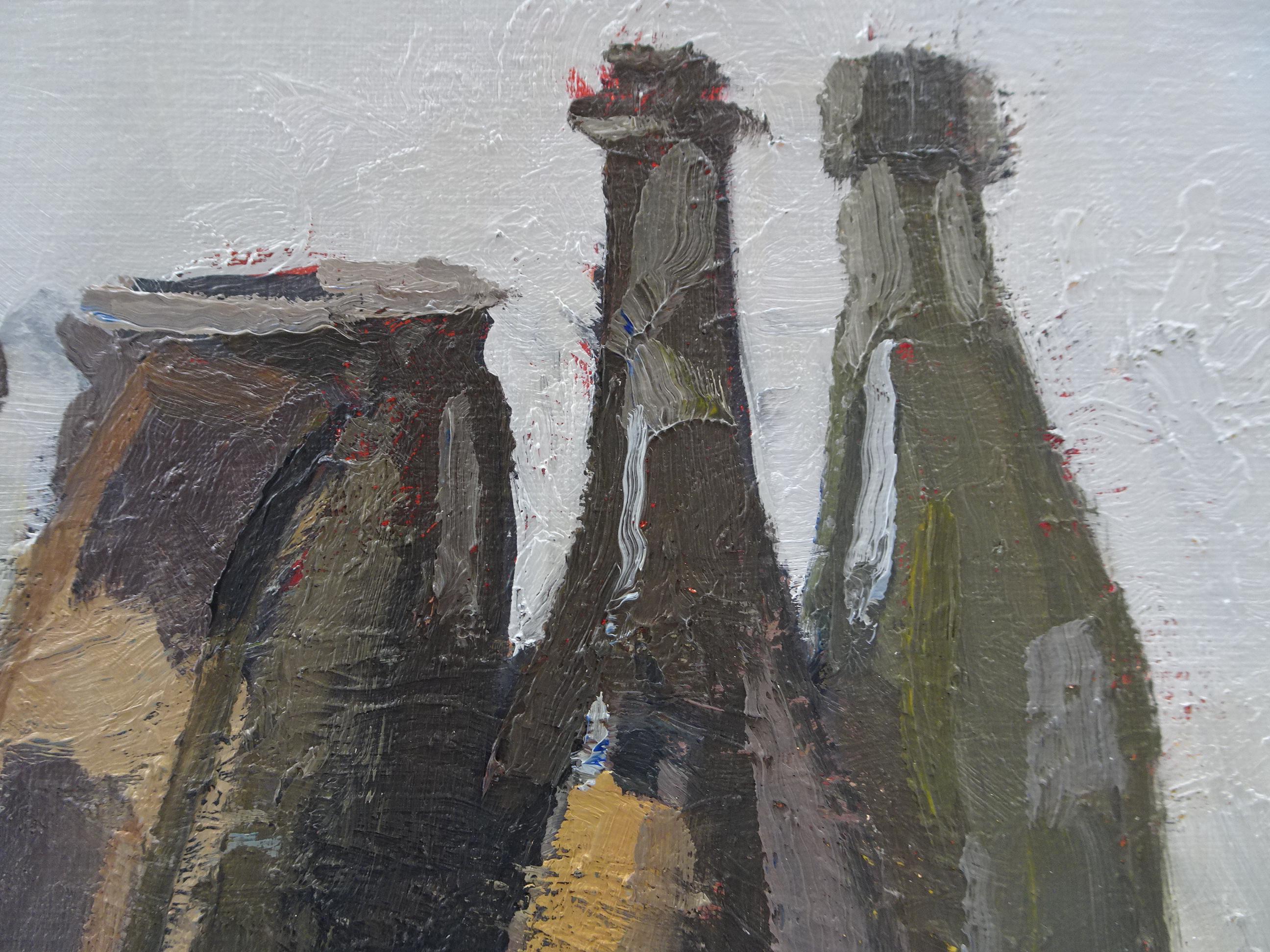 Still life with bottles and an old iron, oil painting in canvas by Pierre Coquet For Sale 1