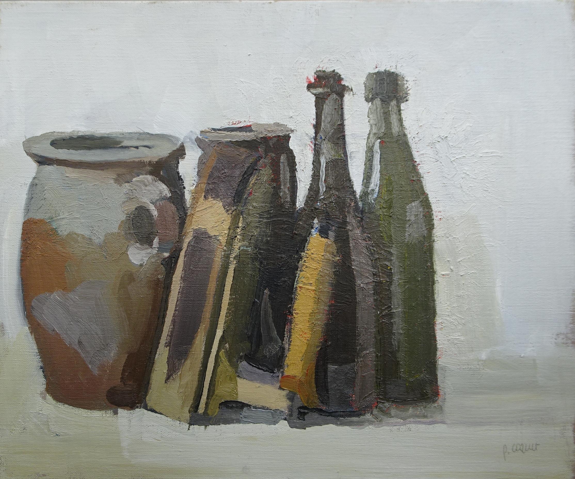 Nature morte avec des bouteilles et un vieux fer, peinture à l'huile sur toile de Pierre Coquet