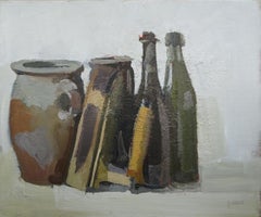 Still life with bottles and an old iron, oil painting in canvas by Pierre Coquet