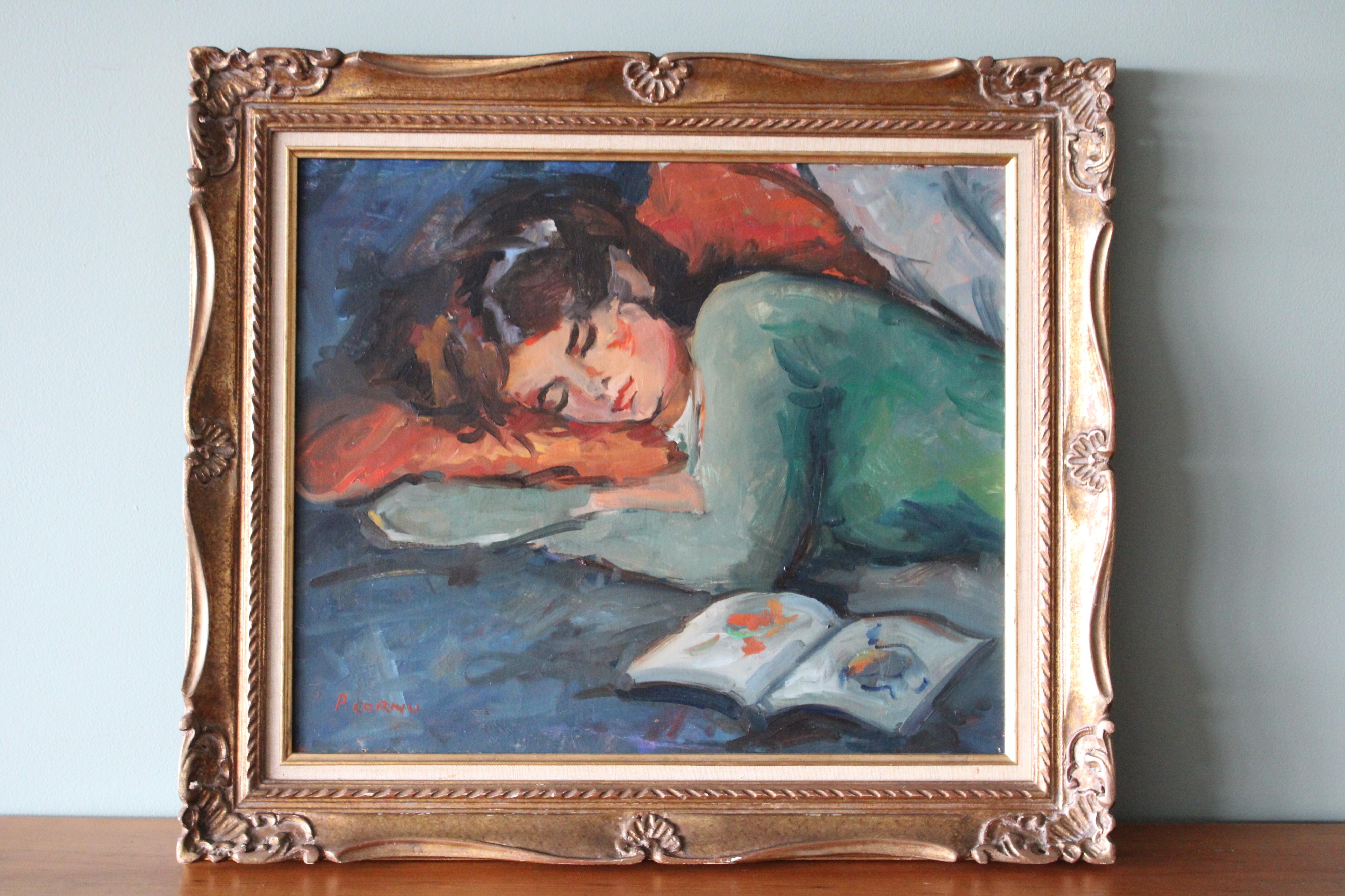 Dipinto a olio d'epoca di Pierre Cornu raffigurante una donna che dorme.  Si tratta di un dipinto di grande impatto visivo del popolare artista francese noto per i suoi ritratti di nudo e femminili.  Una giovane donna giace addormentata, con il suo