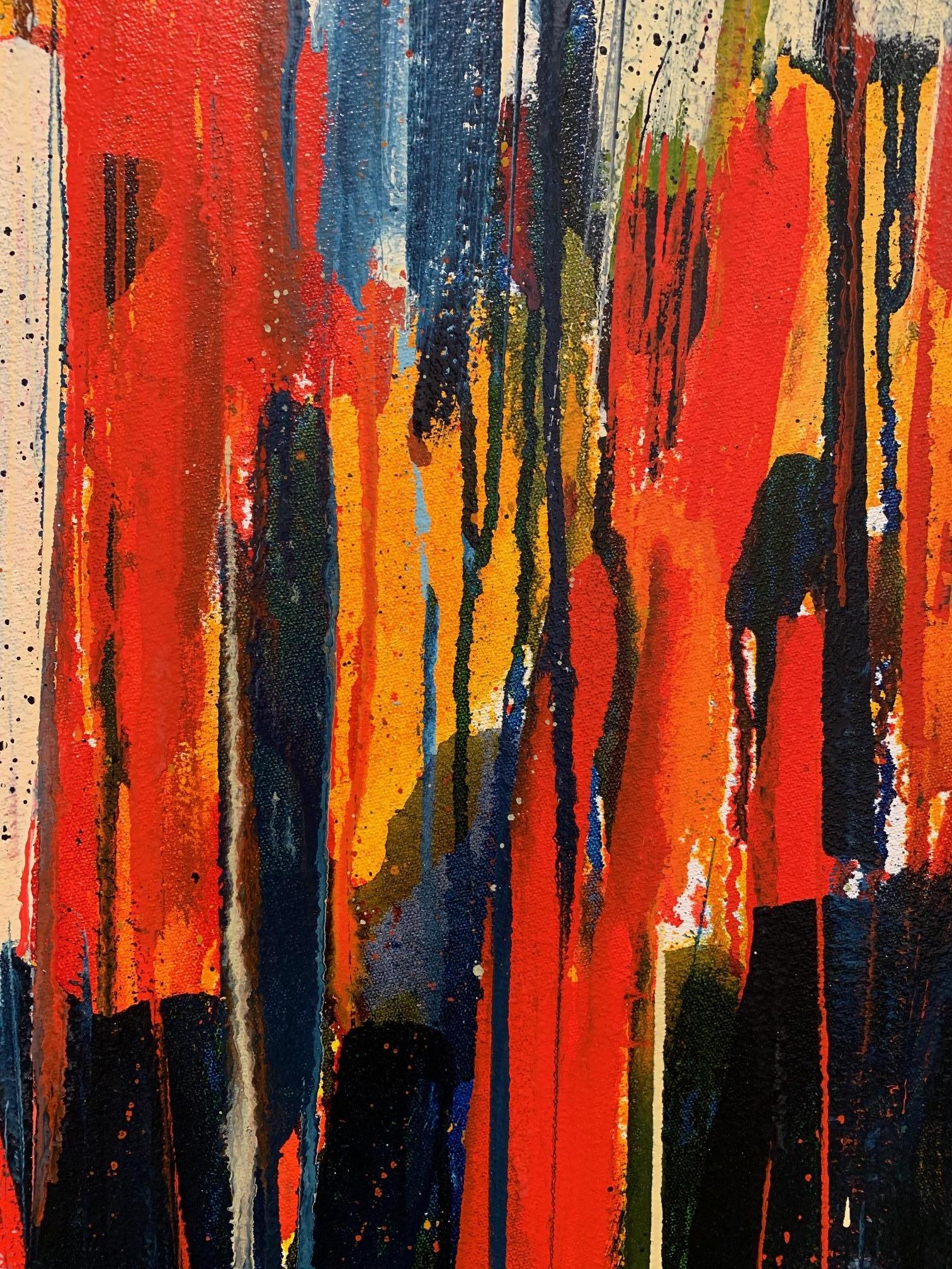This contemporary, abstract artwork of bold primary colours that drip strategically down the canvas, overlapping making a beautiful curtain of colour. Pairs beautifully with 