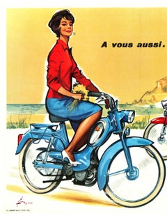 Original Peugeot Moped and Motorcycles vintage French poster, linen-backed