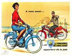 Affiche française originale Peugeot Moped and Motorcycles vintage, doublée de lin