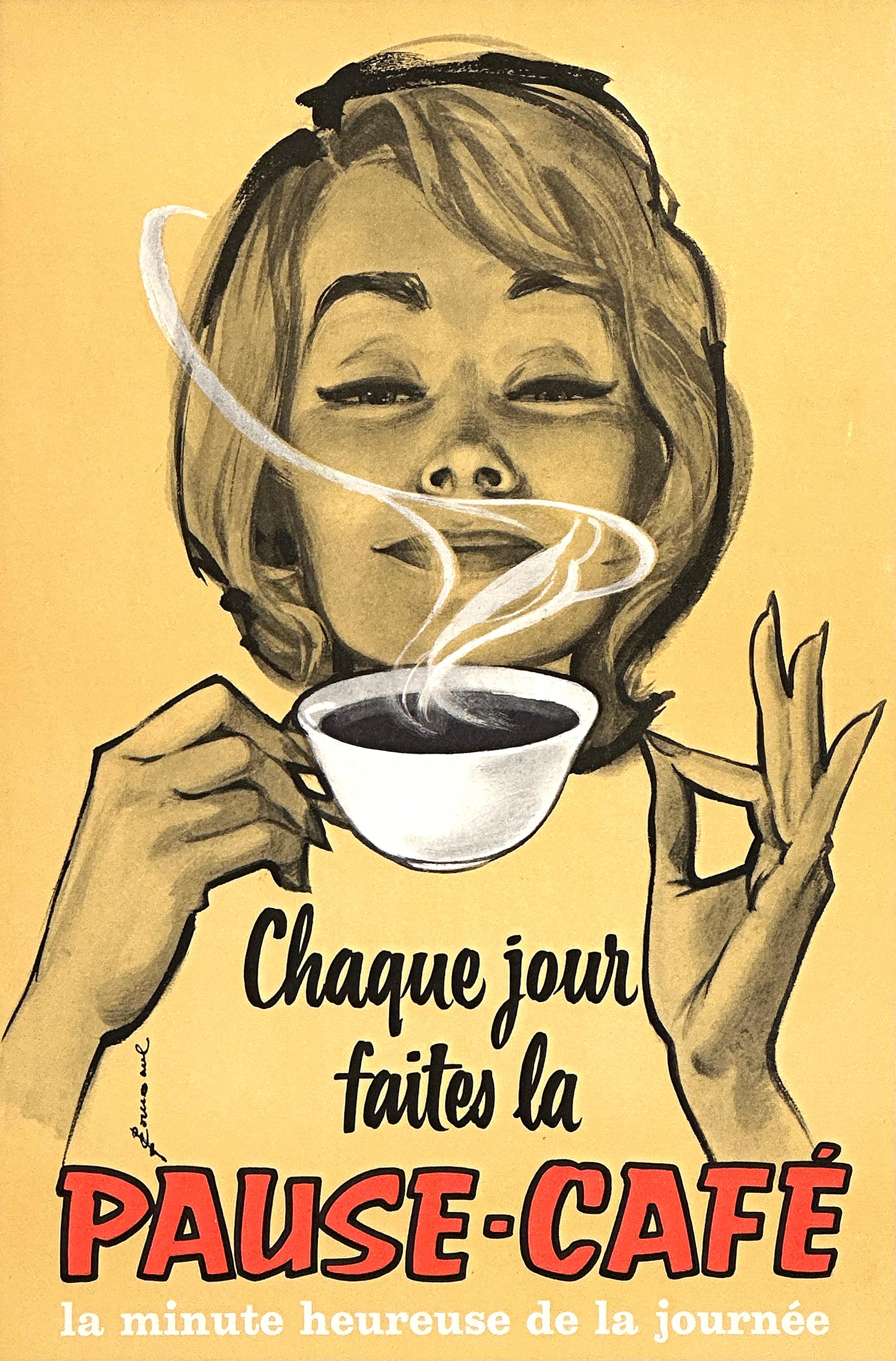Original Vintage French Coffee Break Poster by Pierre Couronne c1950
