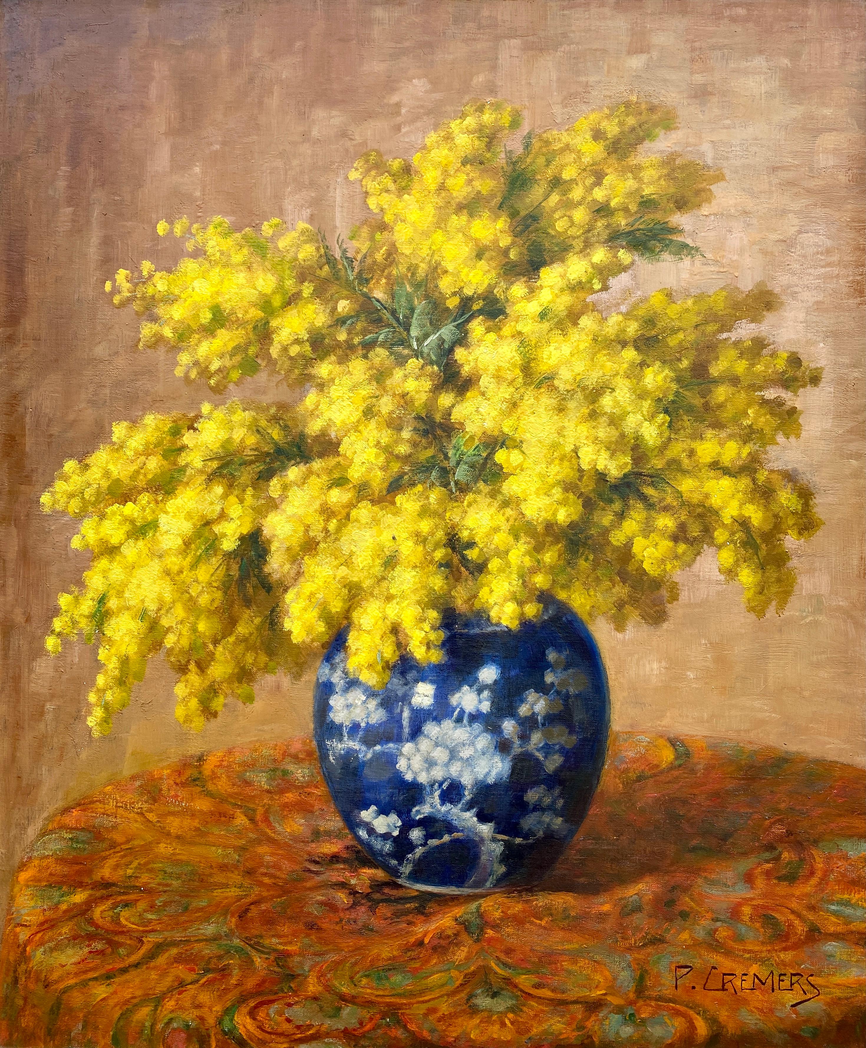 Bouquet di mimose gialle, Pierre Cremers, XIX-XX secolo, pittore belga 1