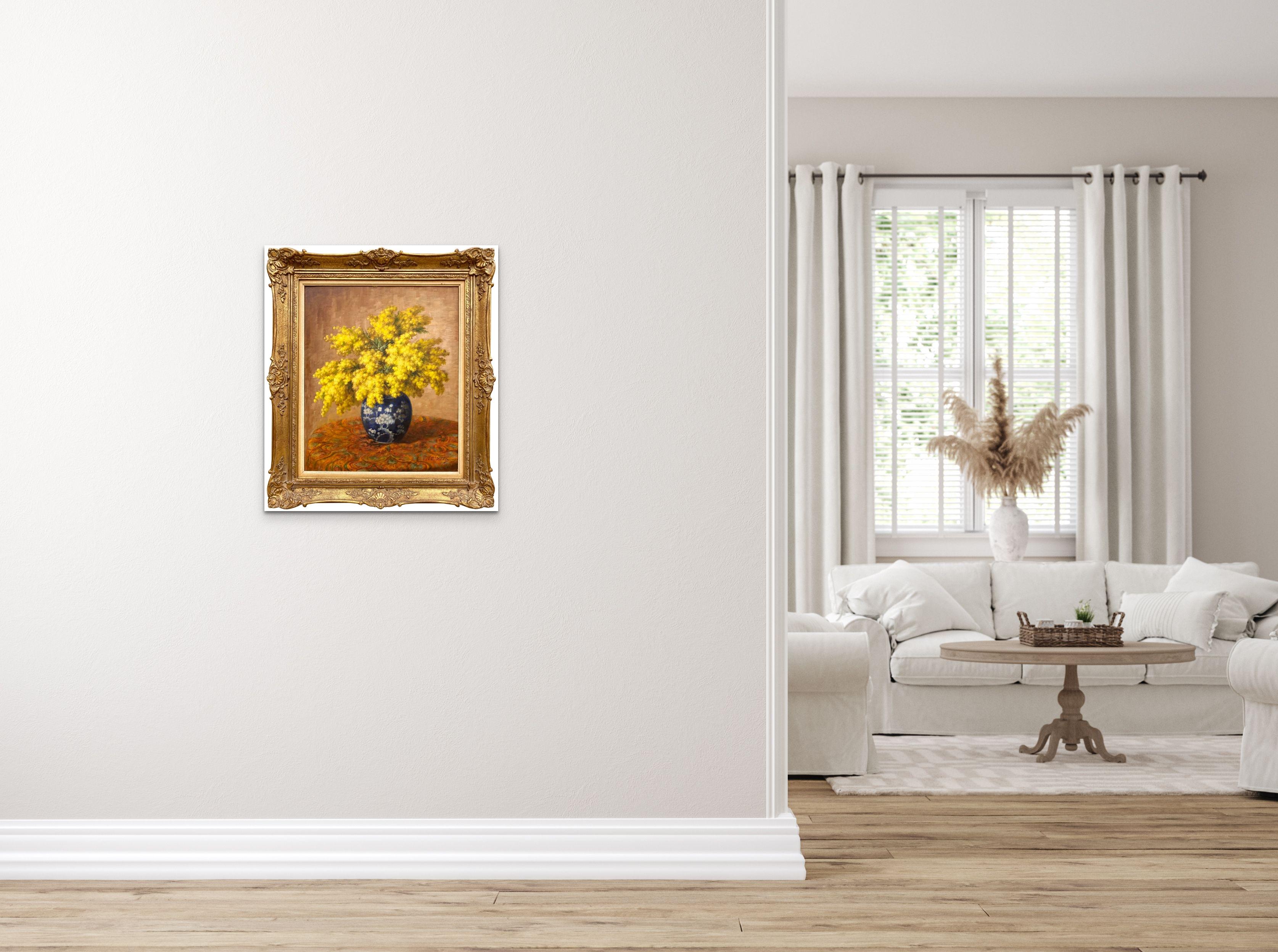 Bouquet di mimose gialle, Pierre Cremers, XIX-XX secolo, pittore belga 2