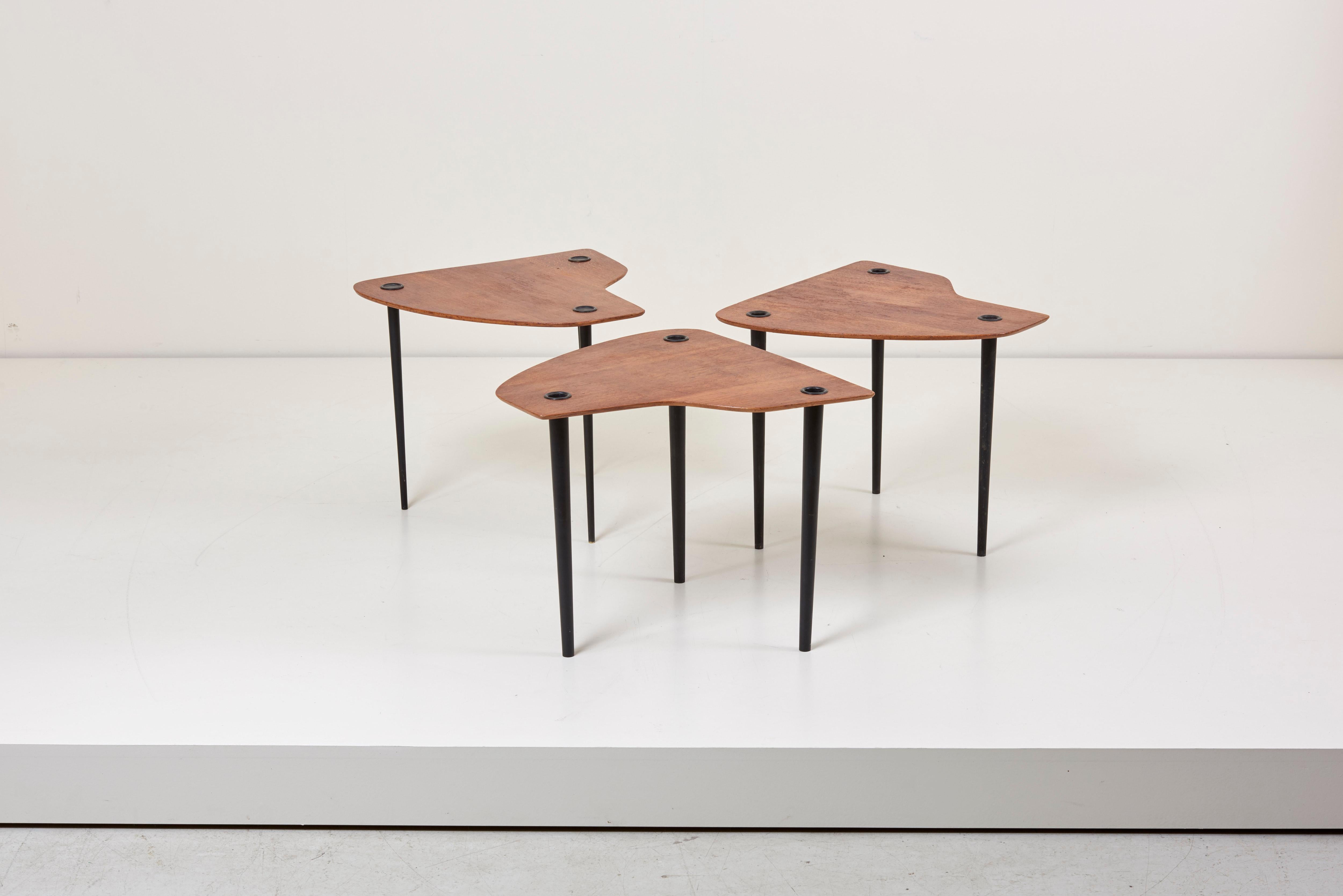 French Pierre Cruege Documented Freeform Tripod Nesting Tables 