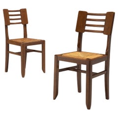 Retro Pierre Cruège Pair of Dining Chairs in Oak and Straw 
