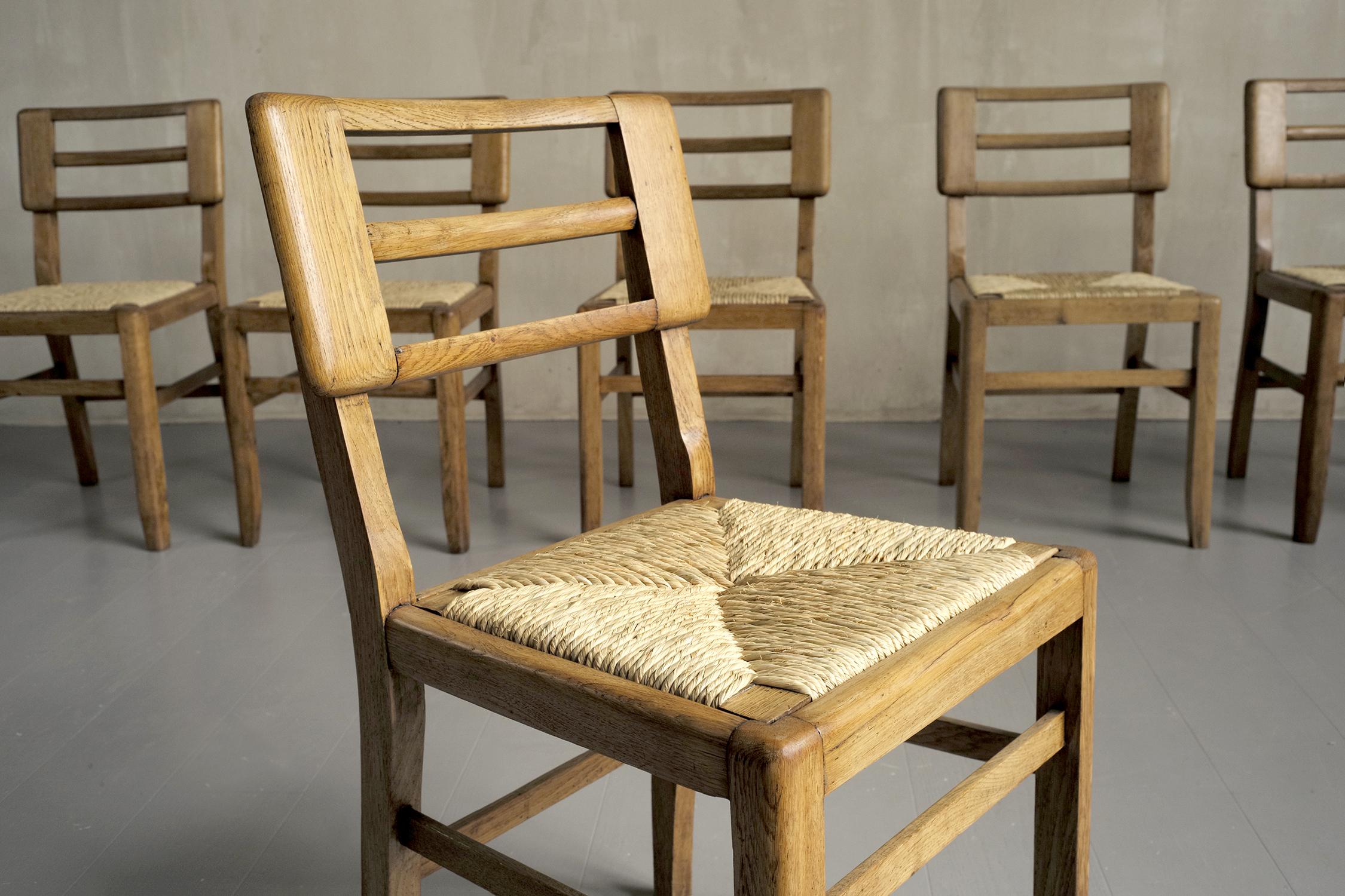 French Pierre Cruège, Set of 6 Straw Chairs, France, 1950 For Sale