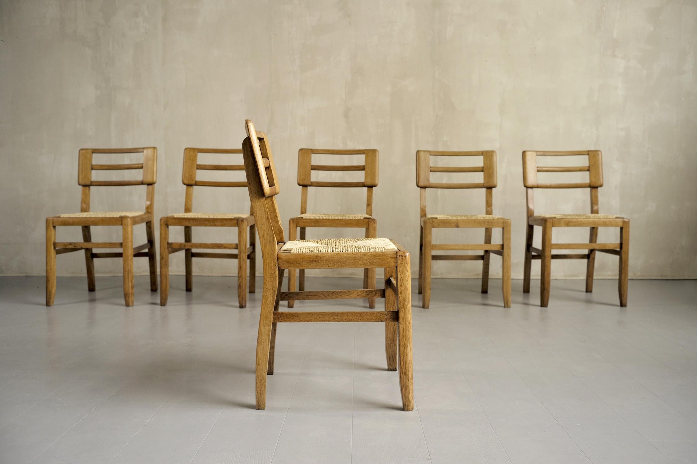 20th Century Pierre Cruège, Set of 6 Straw Chairs, France, 1950 For Sale
