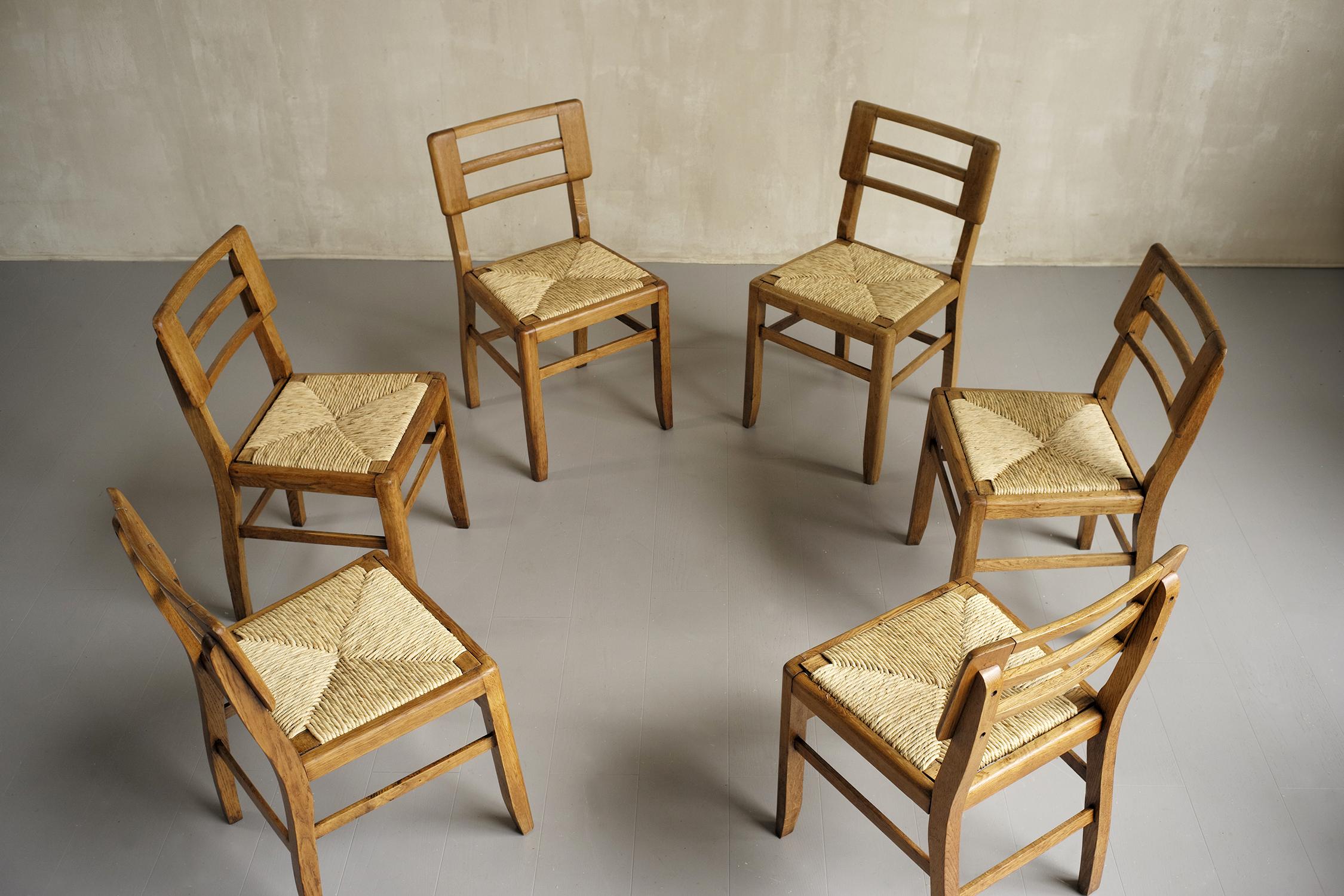 Pierre Cruège, Set of 6 Straw Chairs, France, 1950 For Sale 3