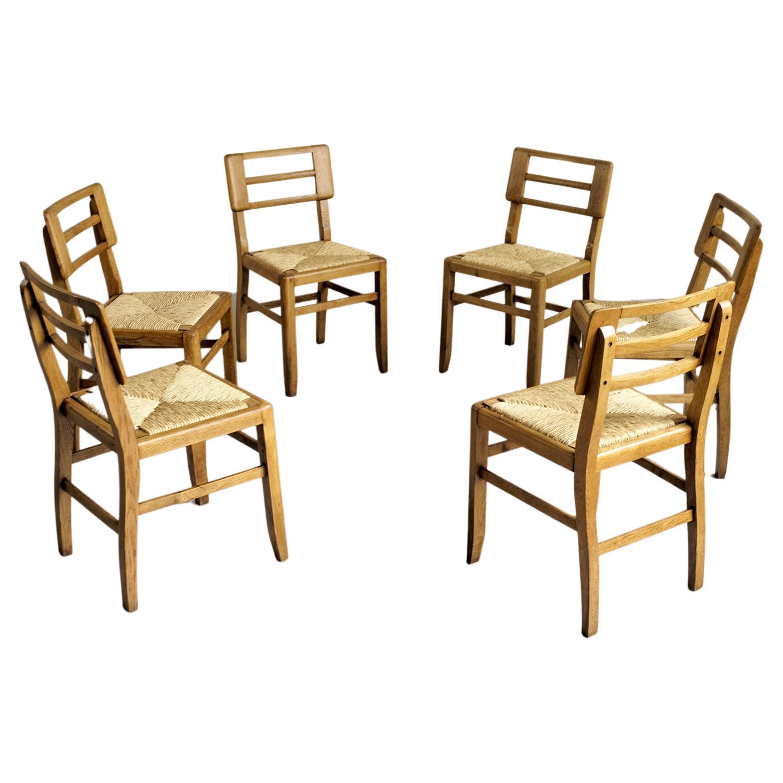 Pierre Cruège, Set of 6 Straw Chairs, France, 1950 For Sale