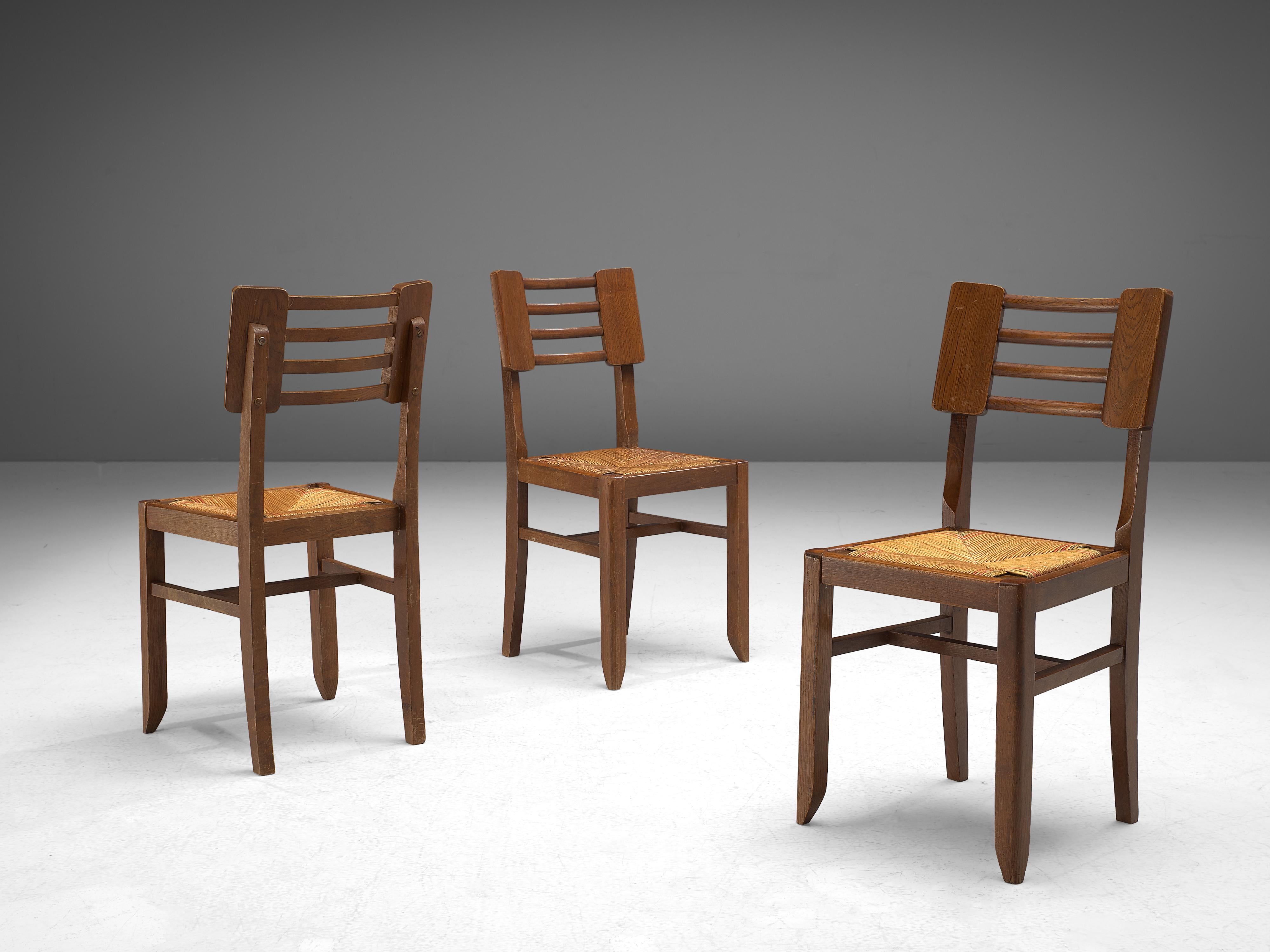 Mid-Century Modern Pierre Cruège Set of Six Dining Chairs in Oak and Straw 