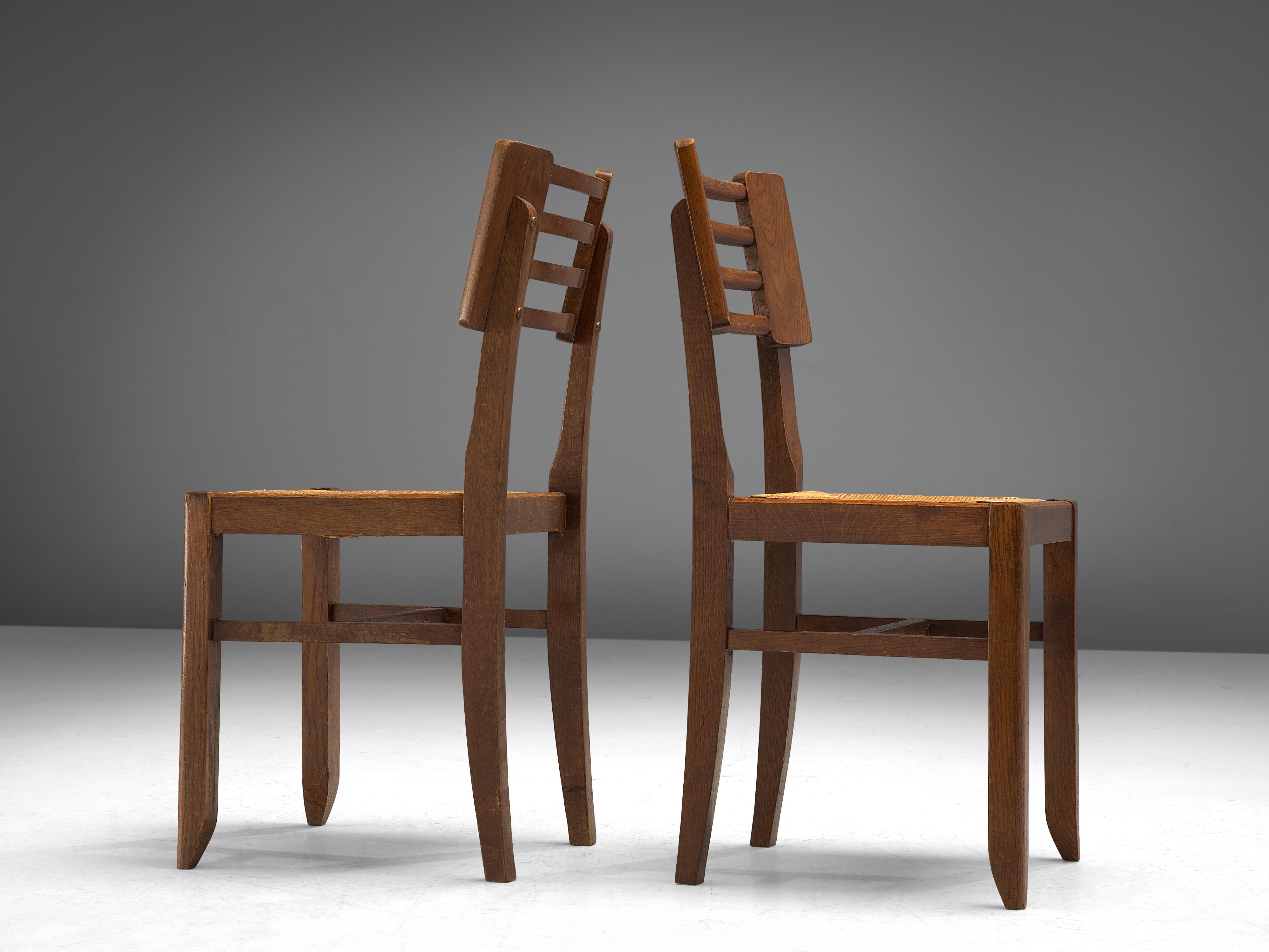 French Pierre Cruège Set of Six Dining Chairs in Oak and Straw 