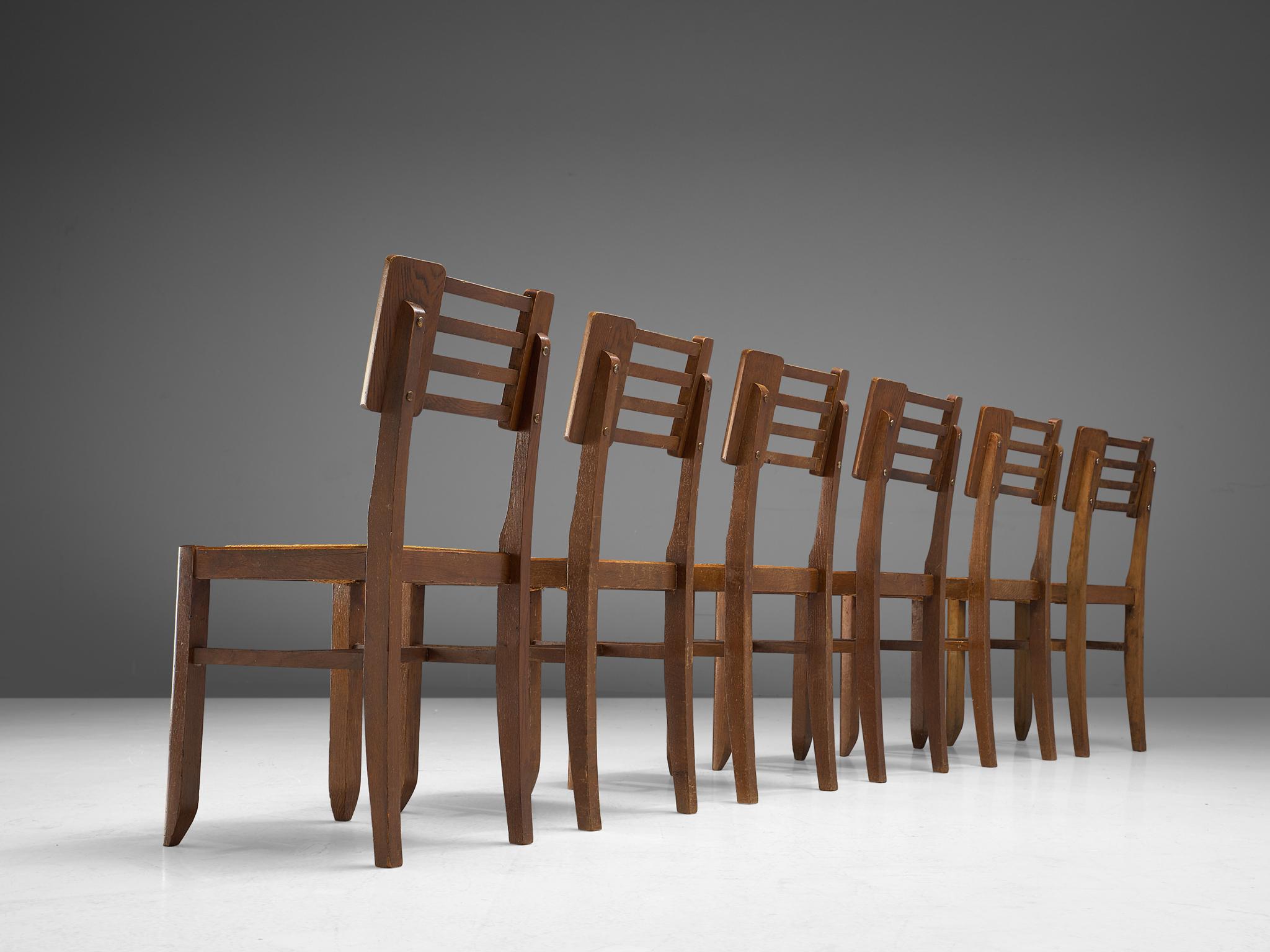 Mid-Century Modern Pierre Cruège Set of Six Dining Chairs in Oak and Straw  For Sale