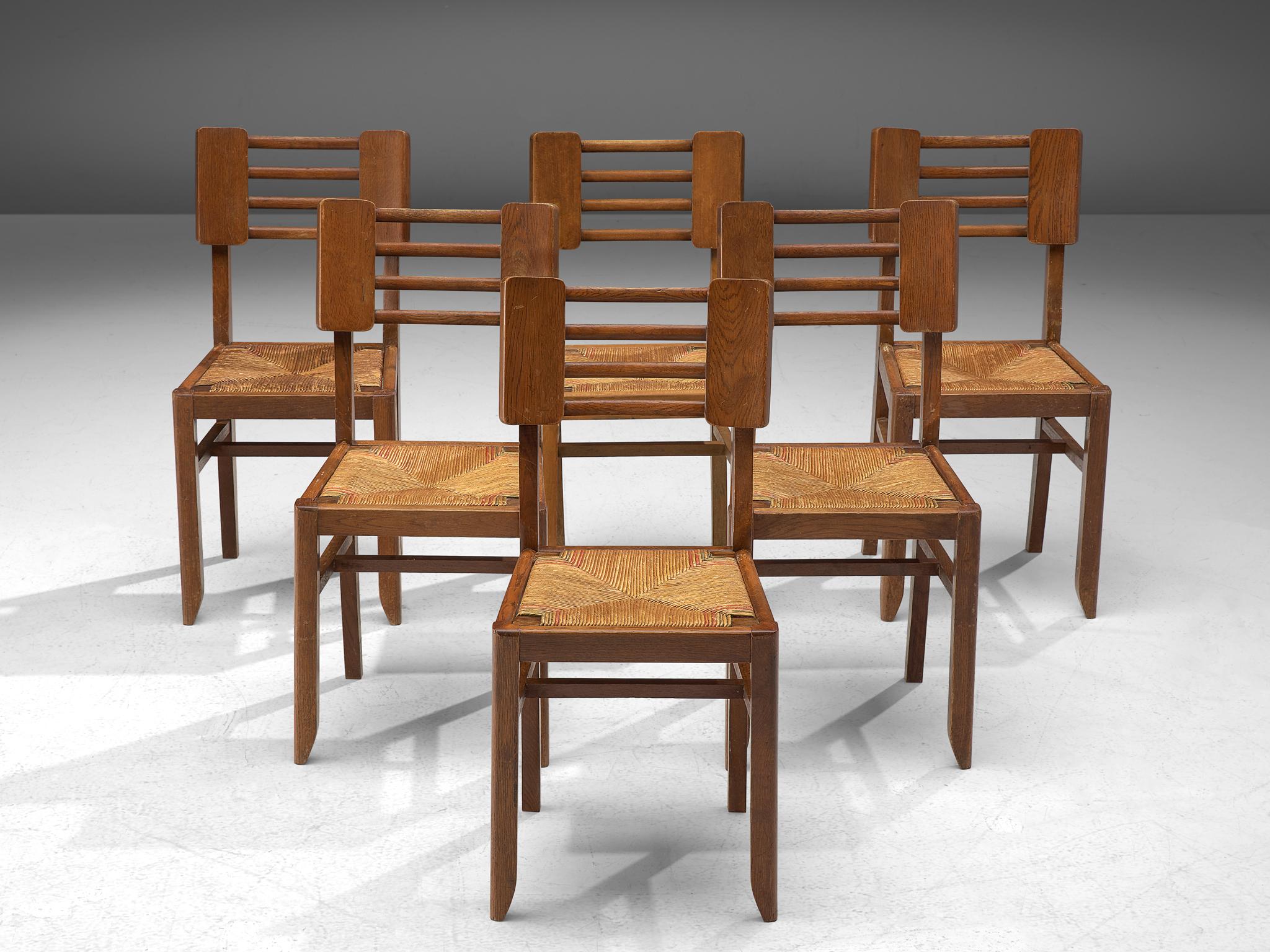 French Pierre Cruège Set of Six Dining Chairs in Oak and Straw 