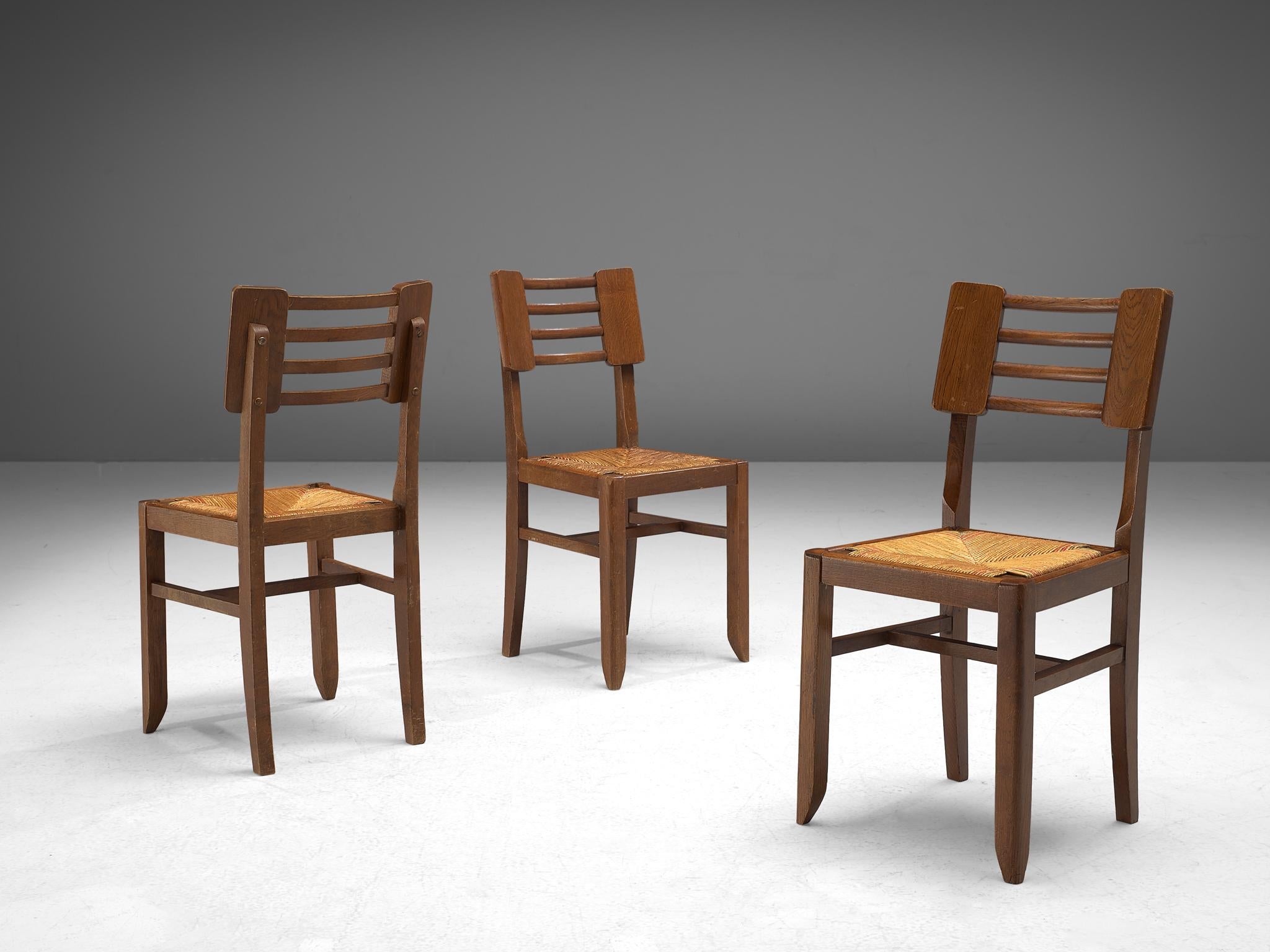 Pierre Cruège Set of Six Dining Chairs in Oak and Straw  In Good Condition For Sale In Waalwijk, NL