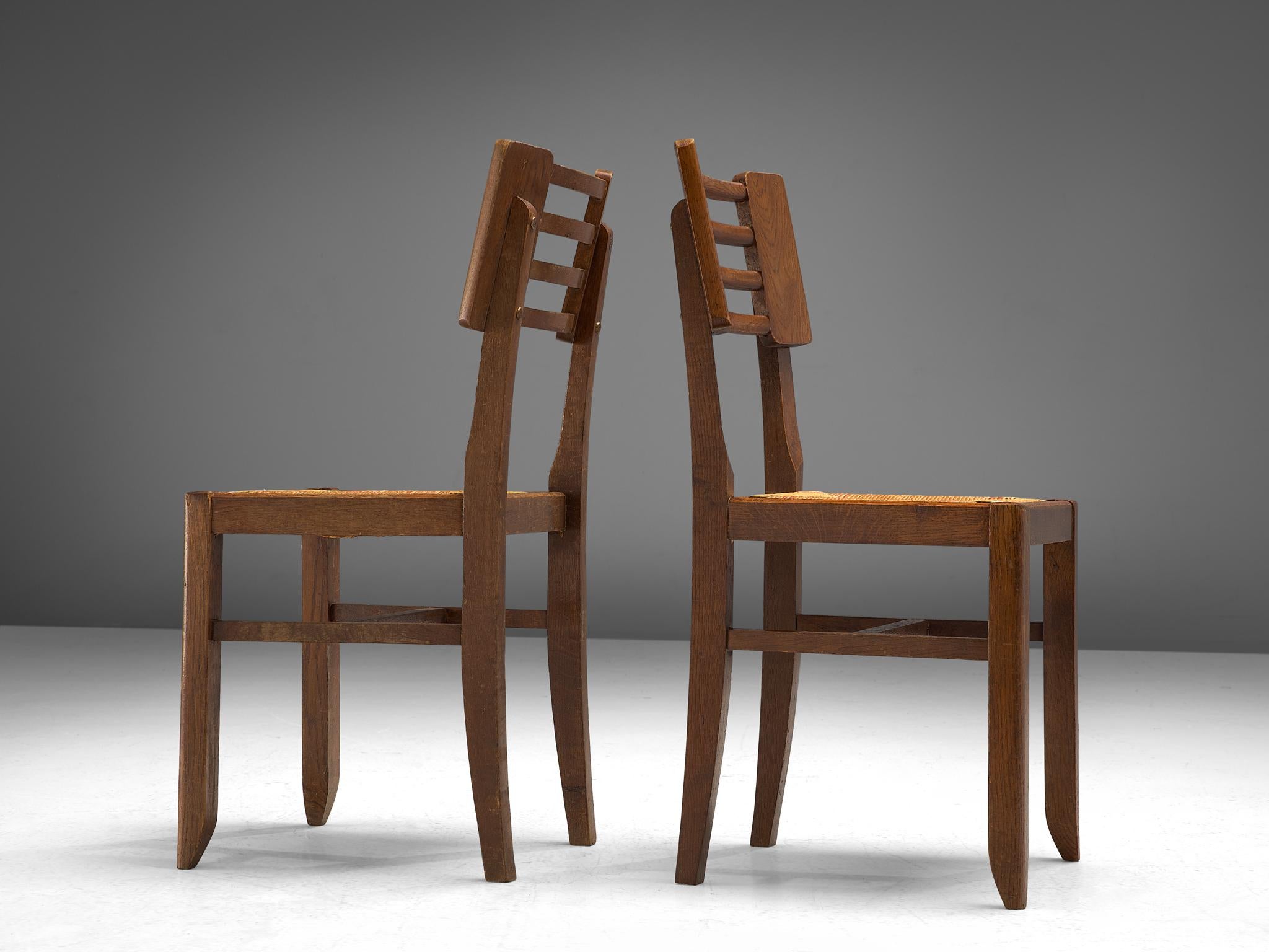 Mid-20th Century Pierre Cruège Set of Six Dining Chairs in Oak and Straw 