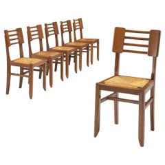 Vintage Pierre Cruège Set of Six Dining Chairs in Oak and Straw 