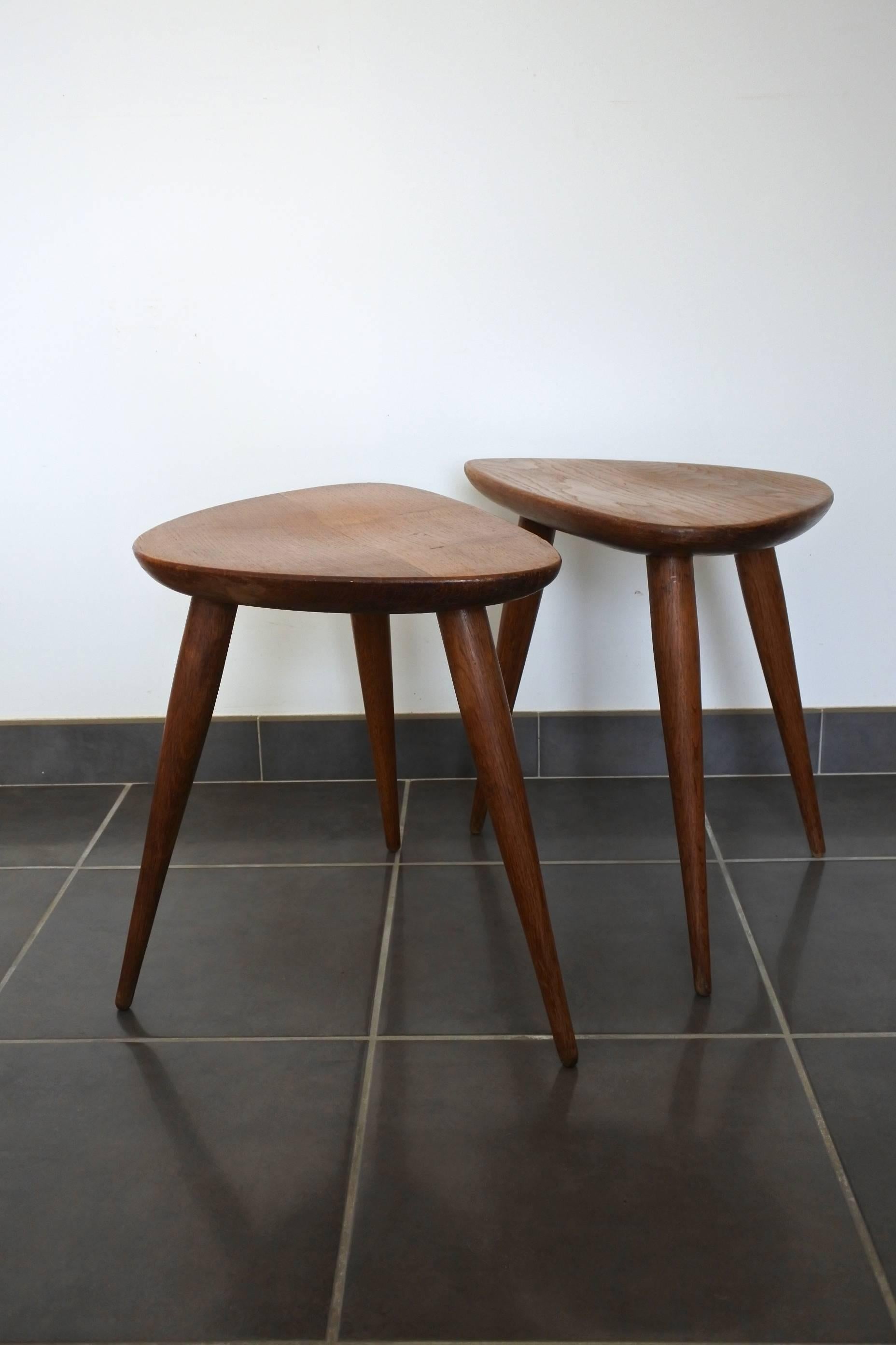 Pierre Cruège Set of One Coffee and Two Side Tables, Solid Oak, France 1950s 5