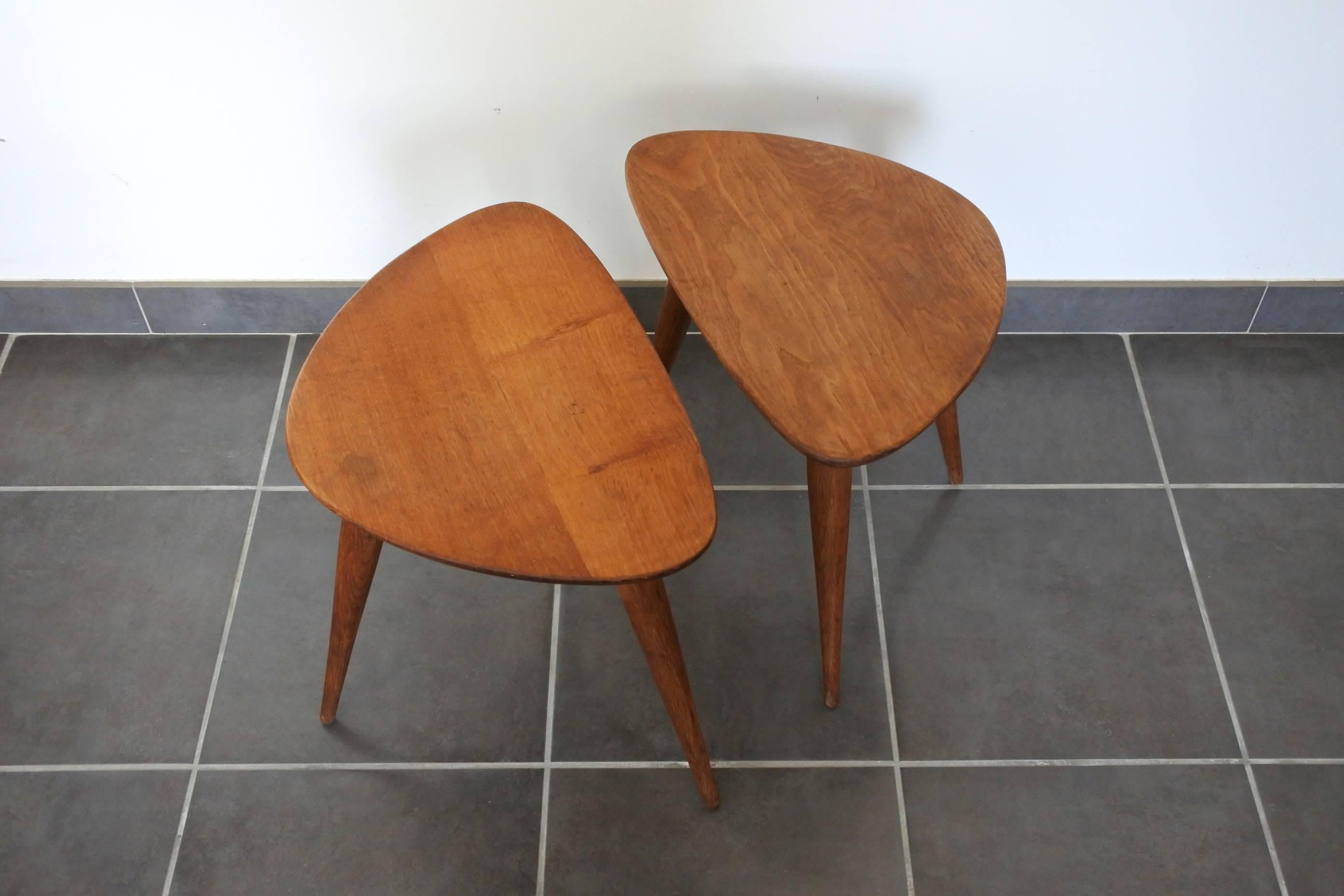Pierre Cruège Set of One Coffee and Two Side Tables, Solid Oak, France 1950s 7