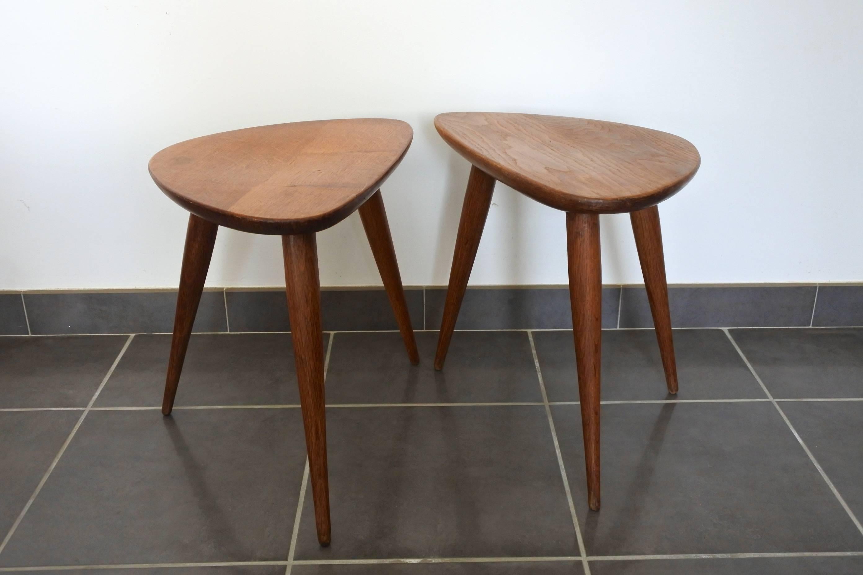 Pierre Cruège Set of One Coffee and Two Side Tables, Solid Oak, France 1950s 8