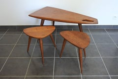 Pierre Cruège Set of One Coffee and Two Side Tables, Solid Oak, France 1950s