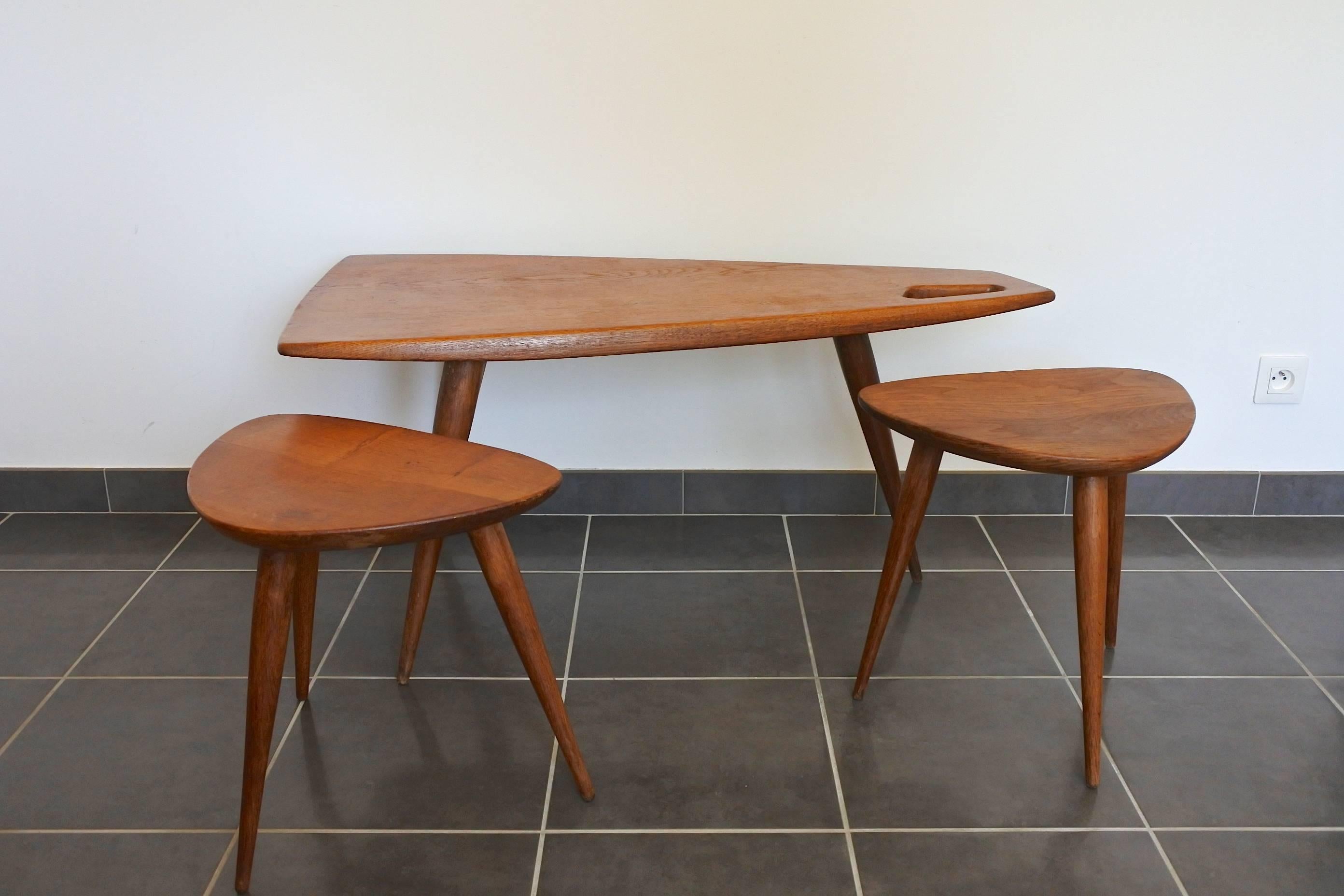 Mid-Century Modern Pierre Cruège Set of One Coffee and Two Side Tables, Solid Oak, France 1950s
